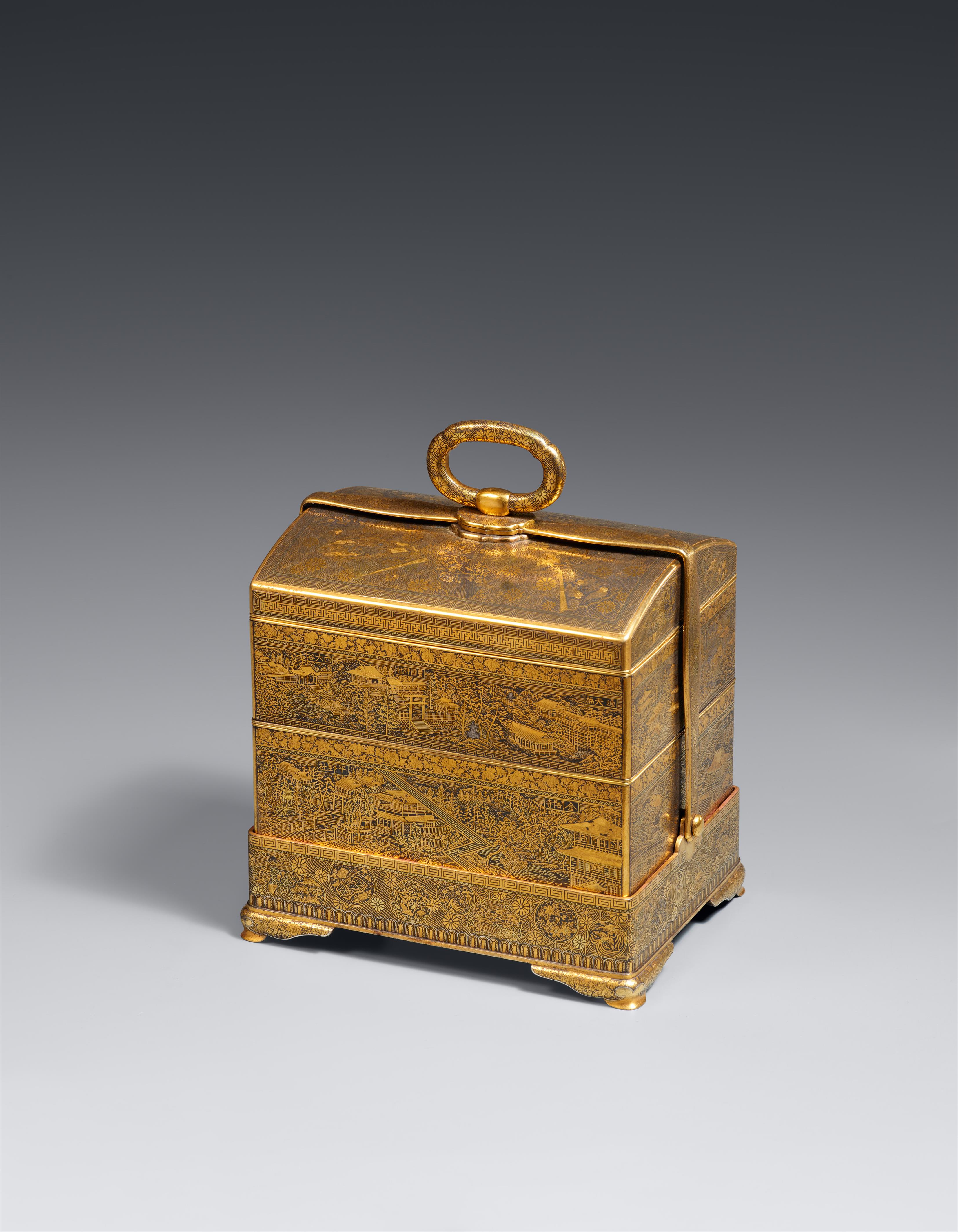 A Komai damascened iron tiered box with a handle. Kyoto. Late 19th century - image-1