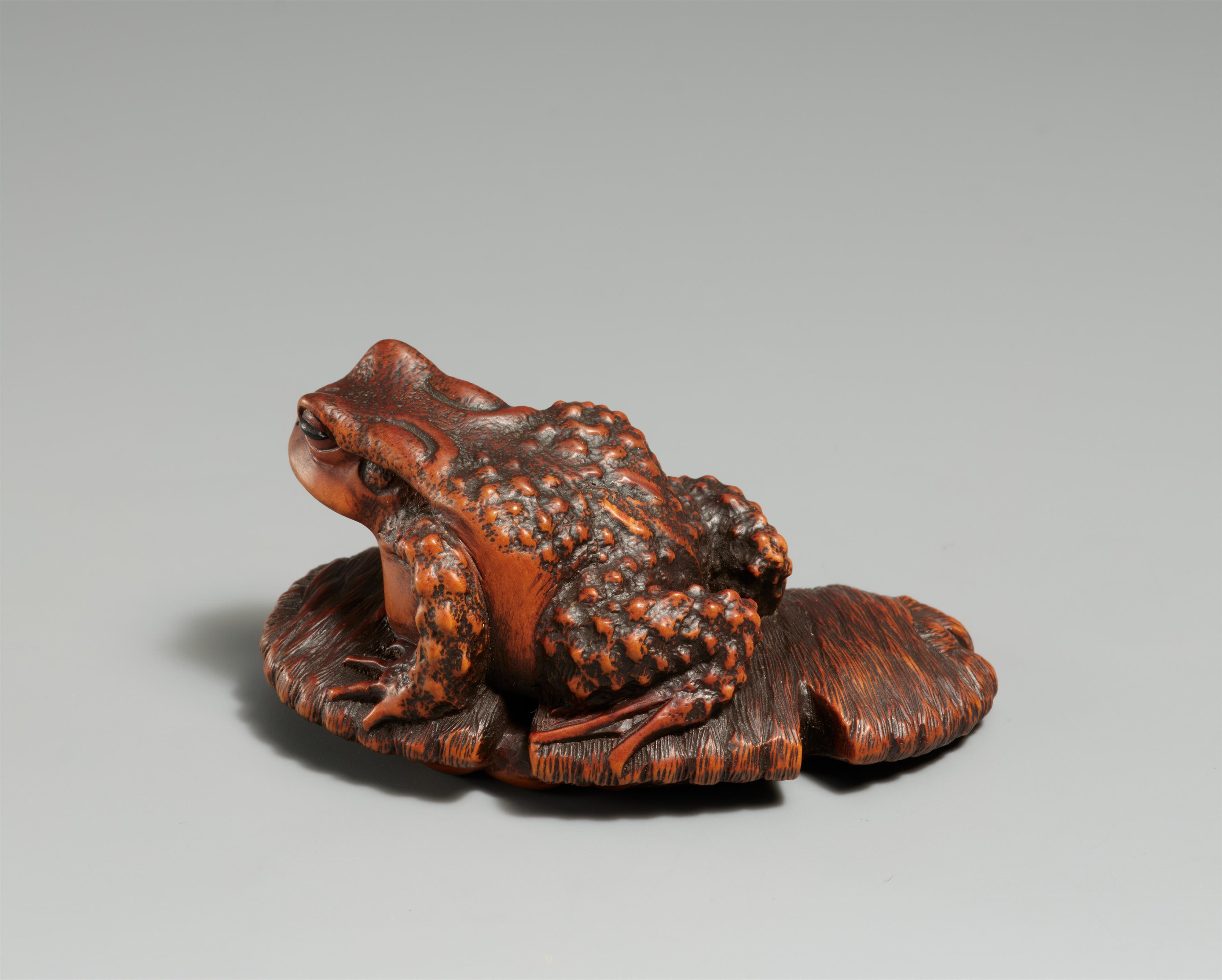 A large boxwood okimono-type netsuke of a toad on a straw sandal. Ise, late 19th century - image-2