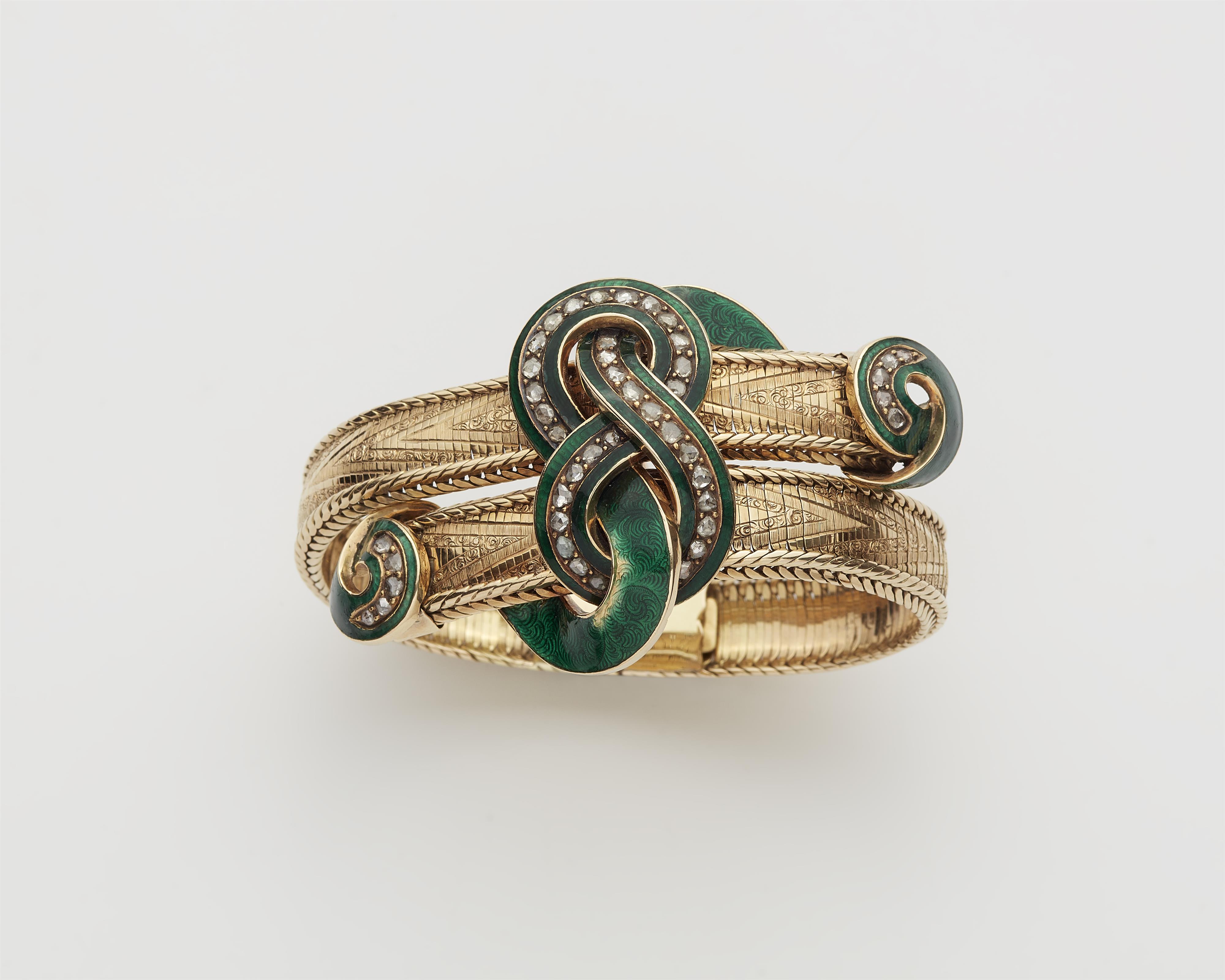 A 14k gold green enamel and diamond Victorian buckle bracelet. - image-1