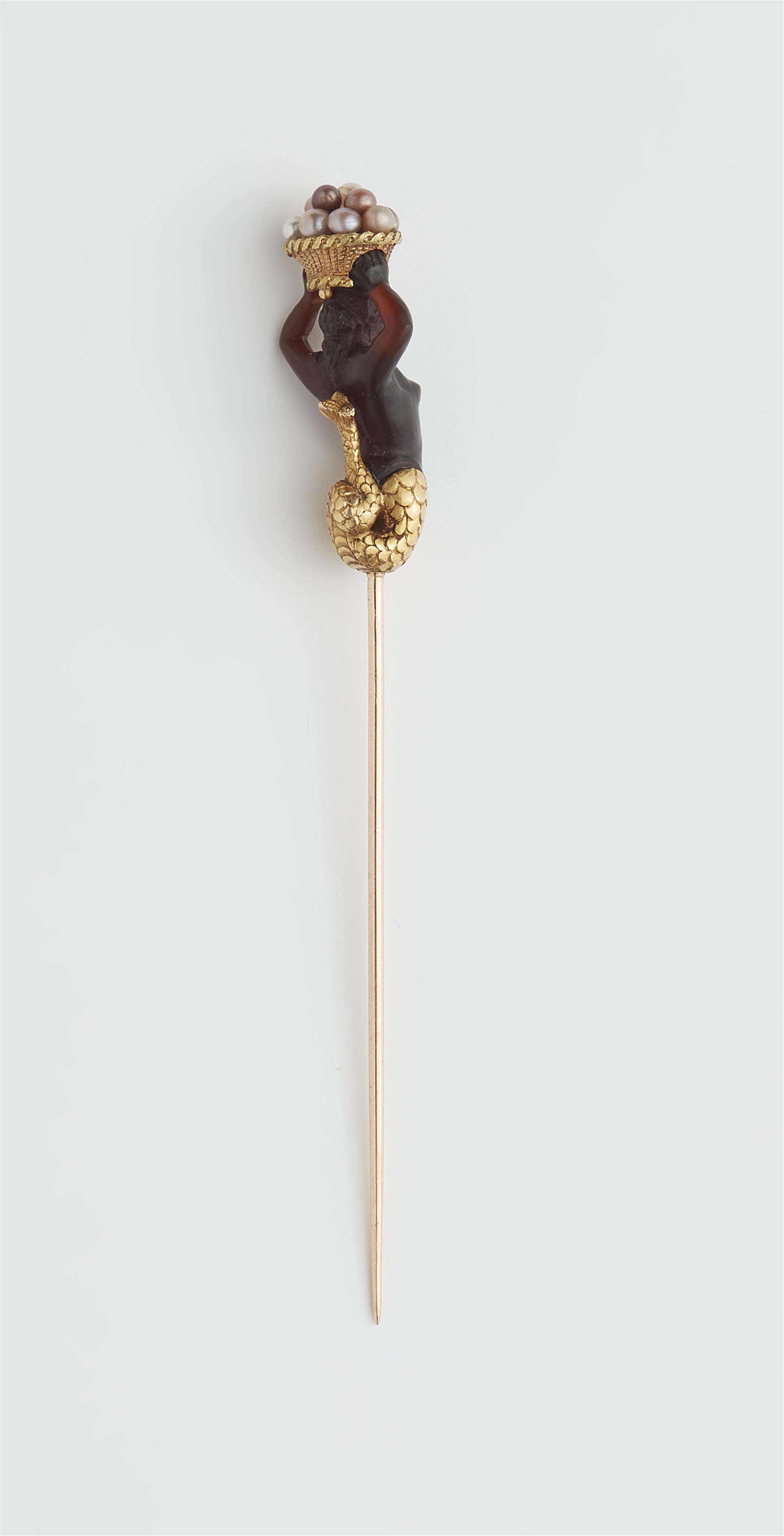 A Belle Epoque 18k gold, carved agate and natural pearl mermaid stickpin. - image-2