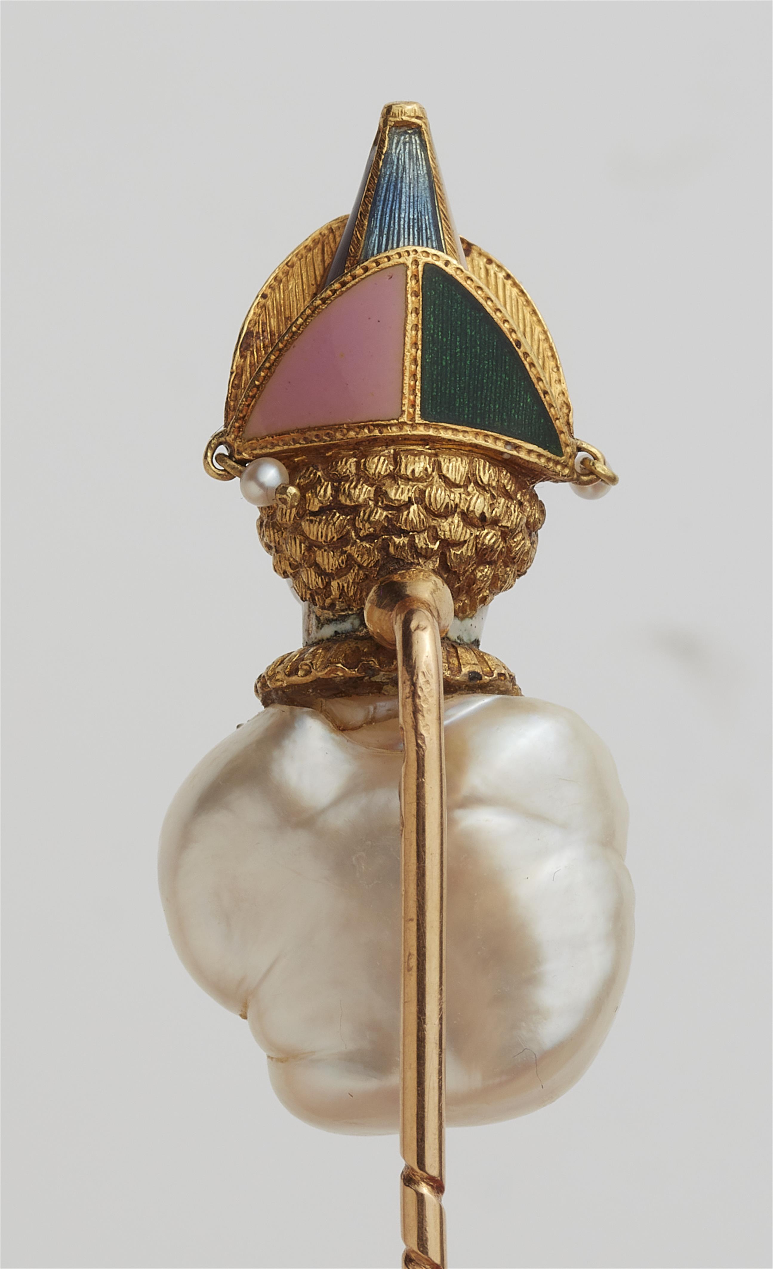 A French 18k gold enamel and baroque blister pearl pin. - image-2