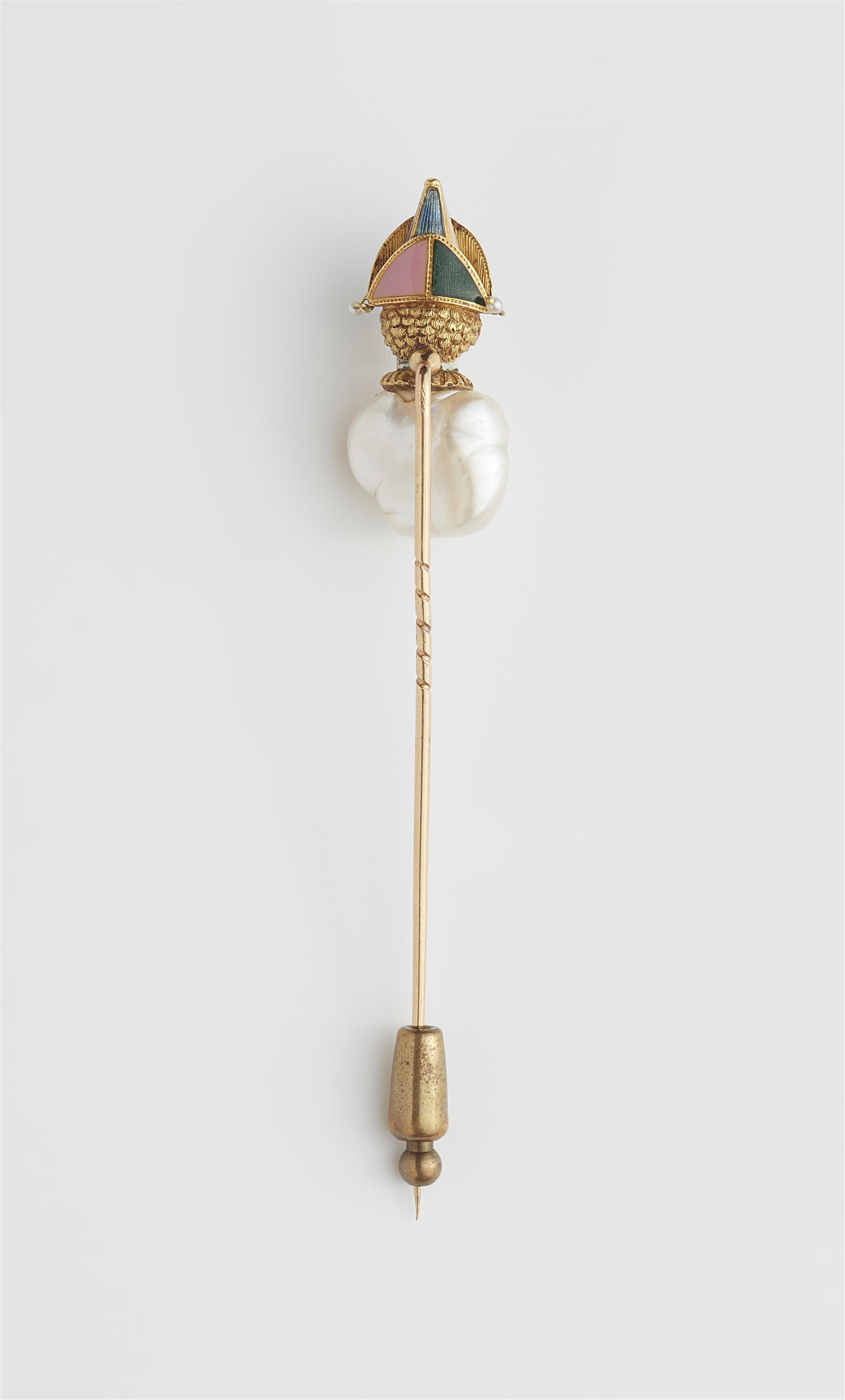 A French 18k gold enamel and baroque blister pearl pin. - image-6