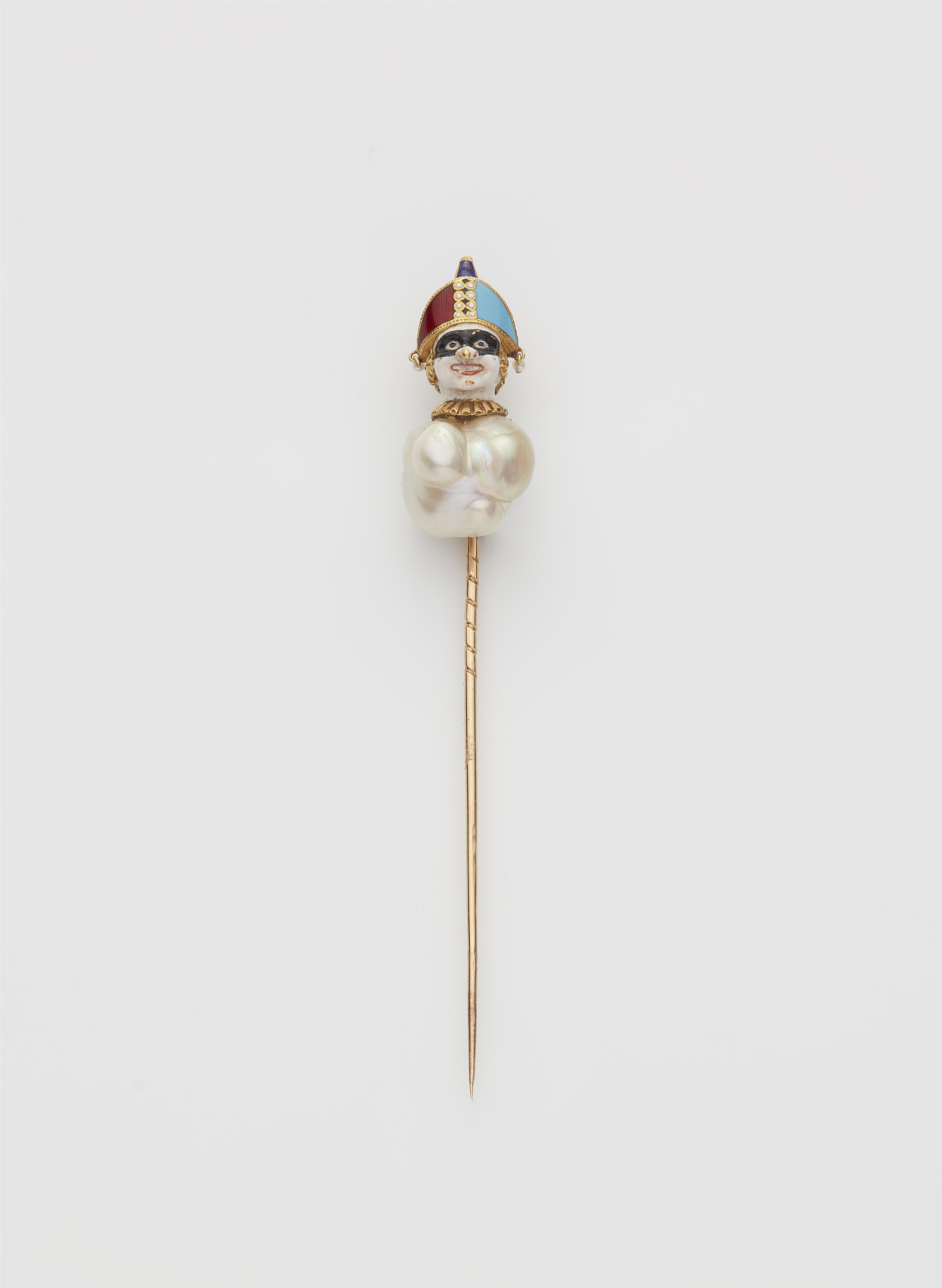 A French 18k gold enamel and baroque blister pearl pin. - image-1
