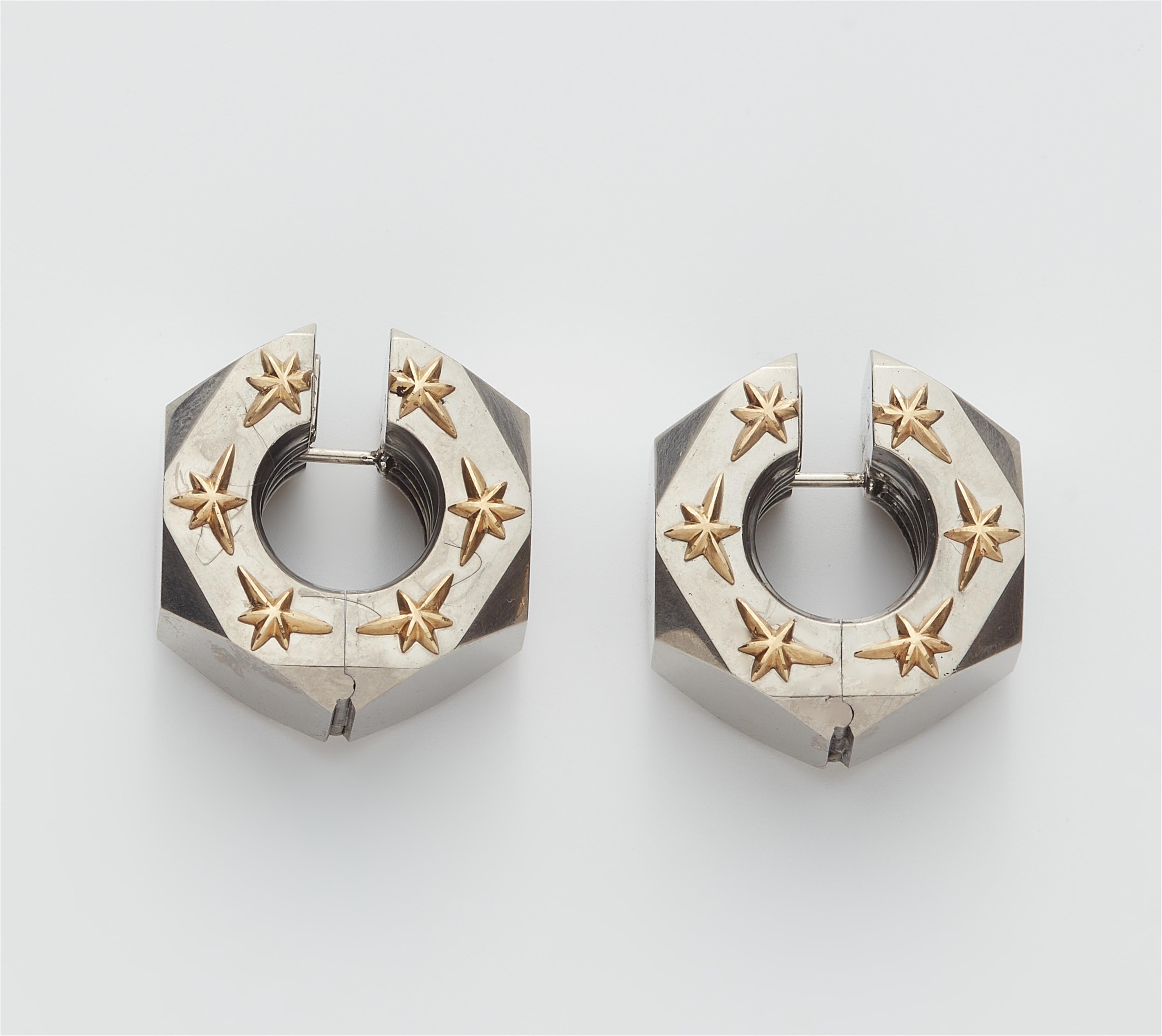 A pair of German bi-colour 18k gold earrings "hexagonal nuts with stars No. 1" - image-3