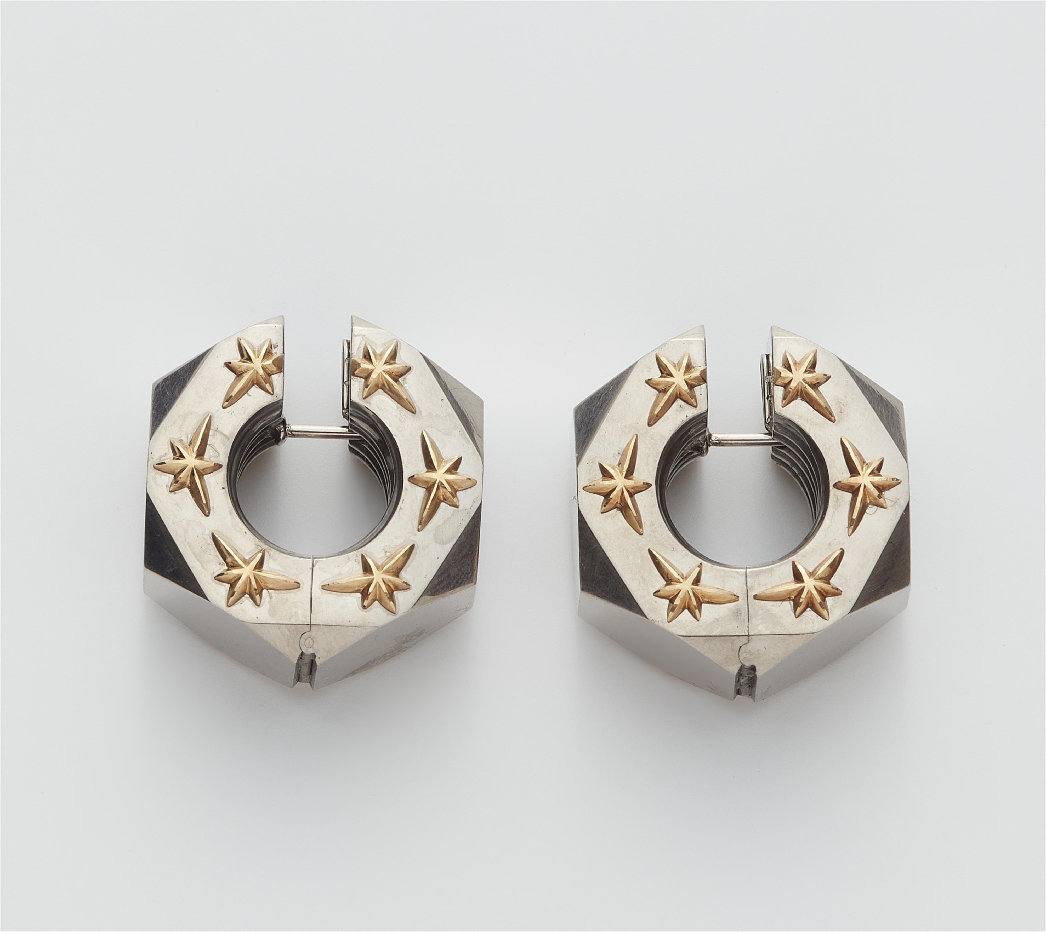 A pair of German bi-colour 18k gold earrings "hexagonal nuts with stars No. 1" - image-4