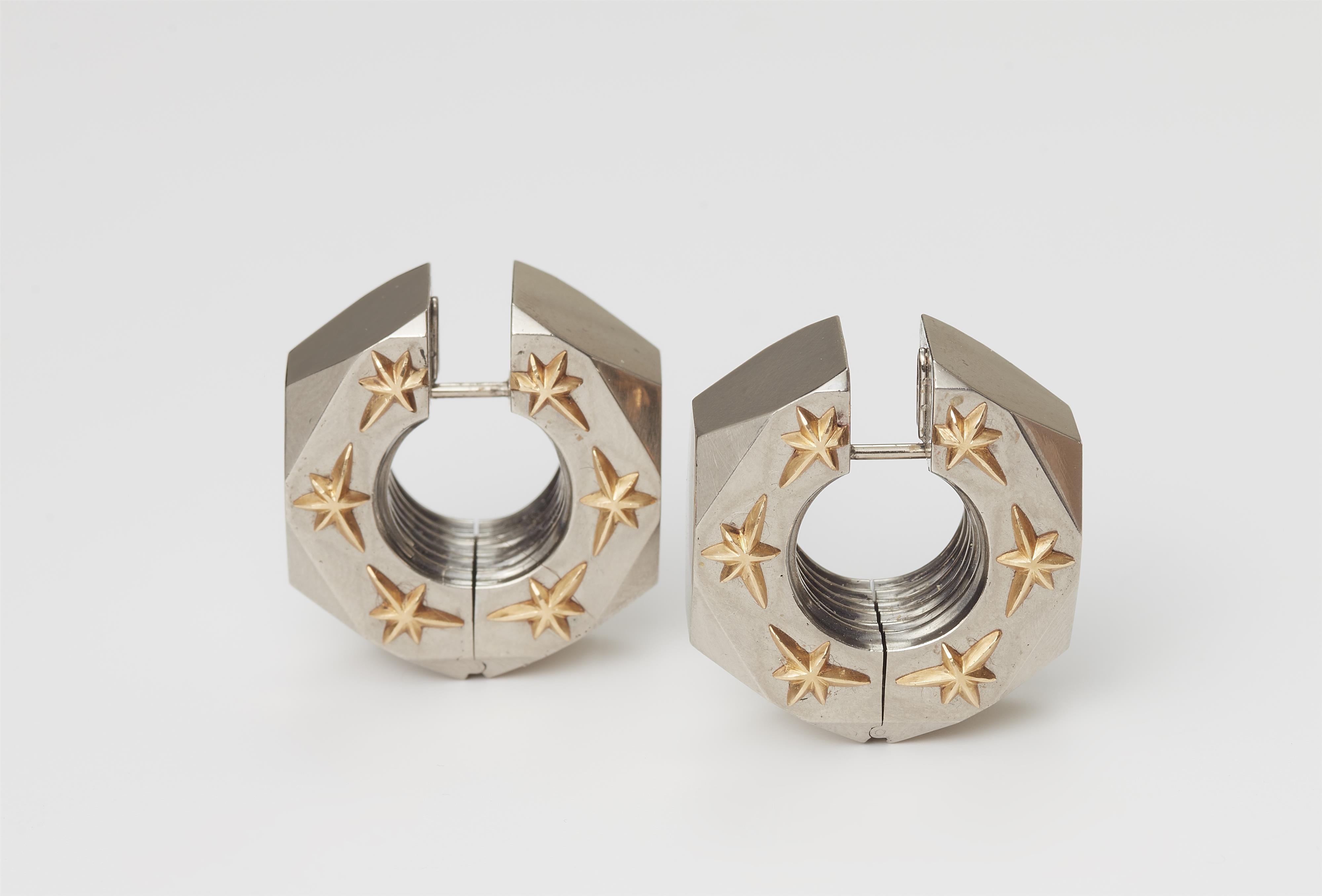 A pair of German bi-colour 18k gold earrings "hexagonal nuts with stars No. 1" - image-1