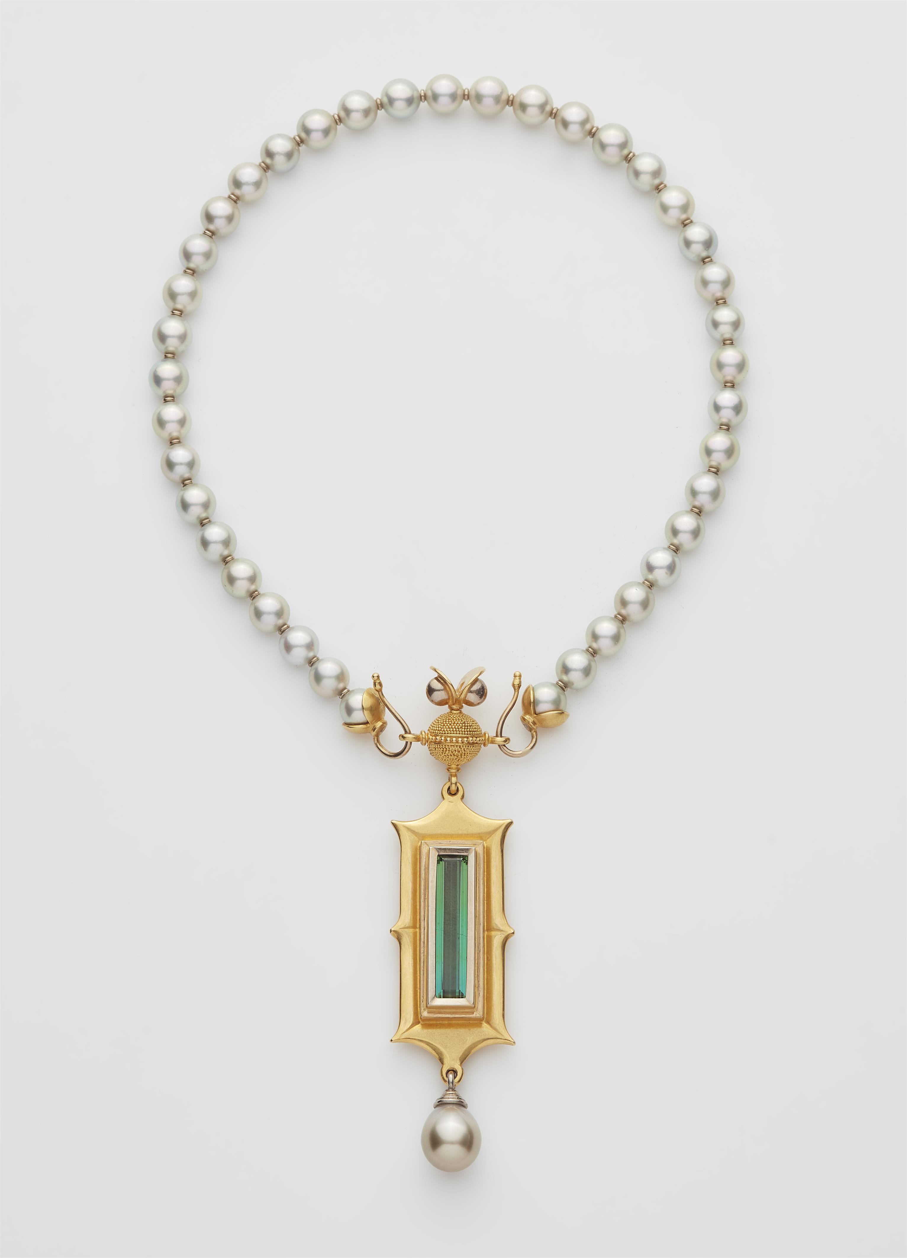 A German Akoya cultured pearl necklace with a forged 18k gold granulation green tourmaline and Tahiti pearl drop pendant. - image-1
