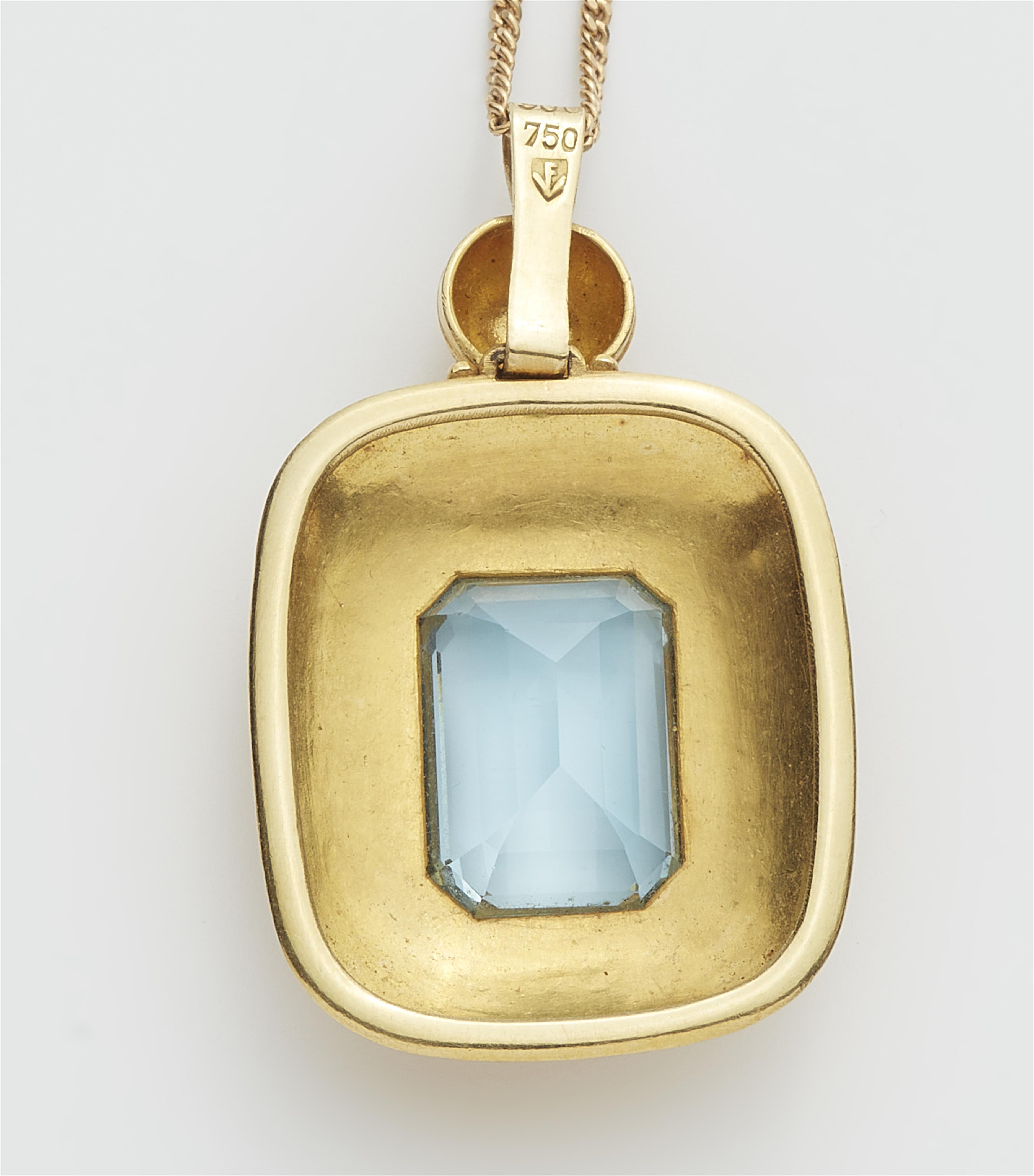 A German 18k gold granulation and emerald-cut aquamarine pendant with attached chain. - image-2
