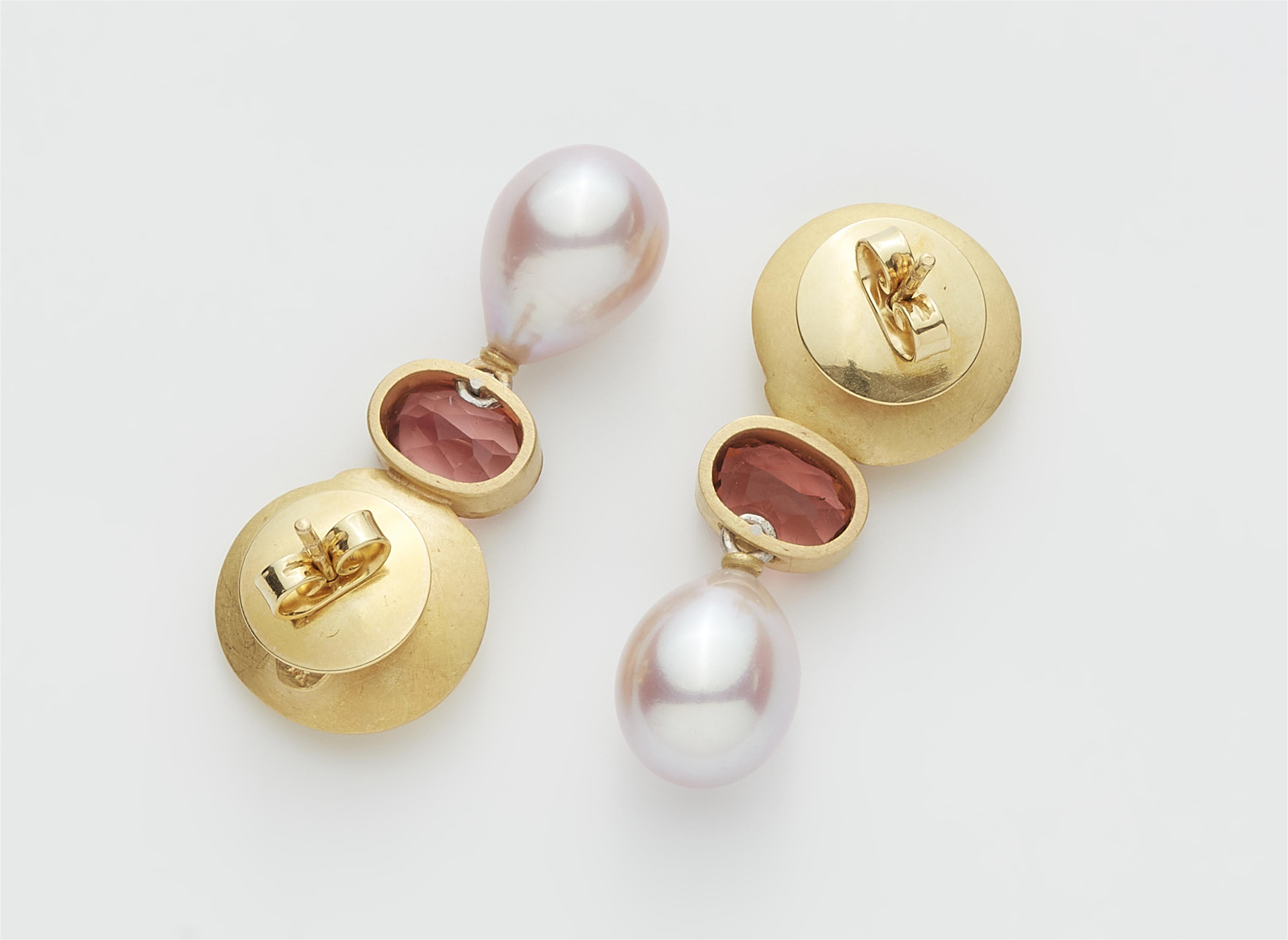 A pair of German 18k gold, pink tourmaline and cultured pearl droplet stud earrings. - image-2