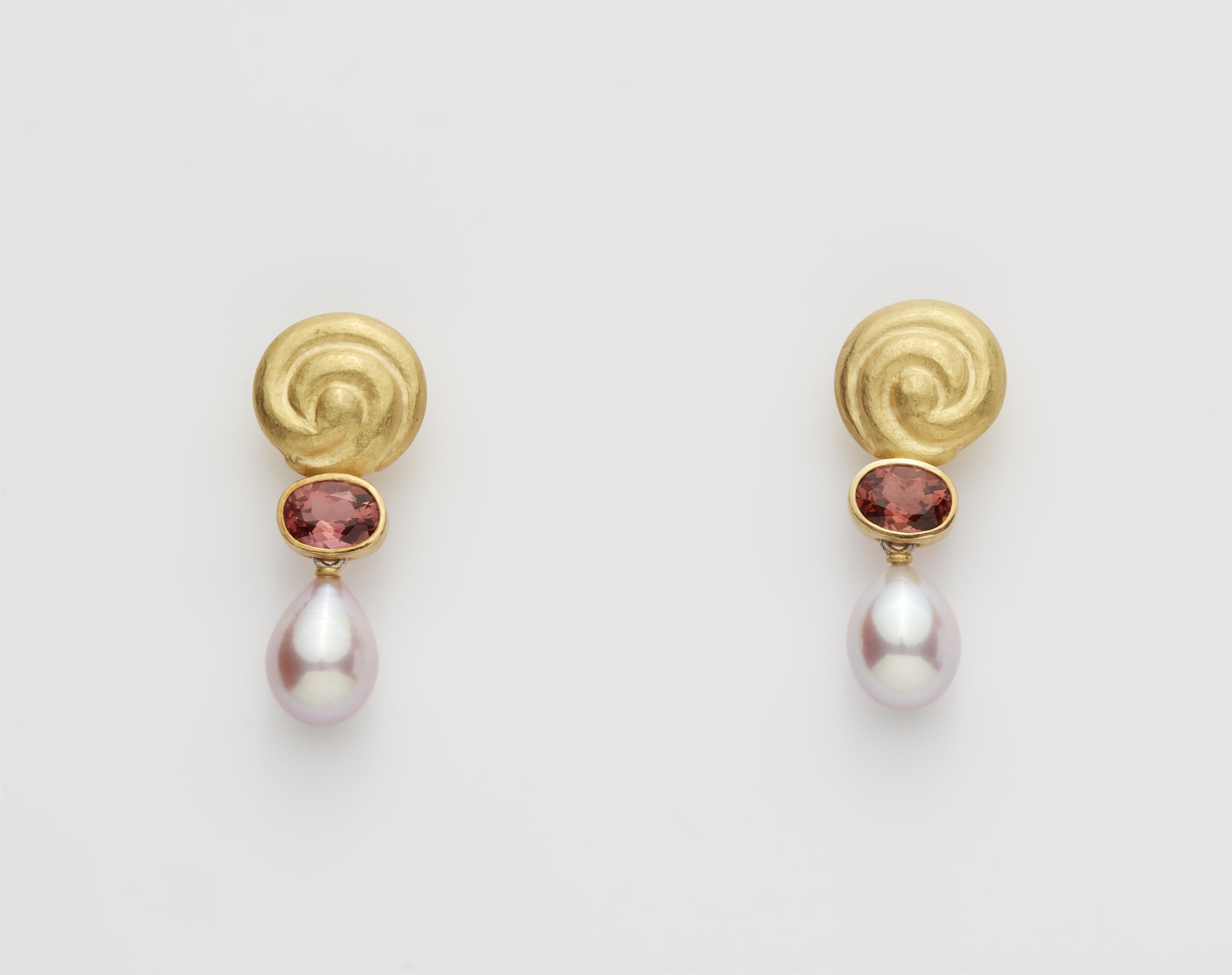 A pair of German 18k gold, pink tourmaline and cultured pearl droplet stud earrings. - image-1