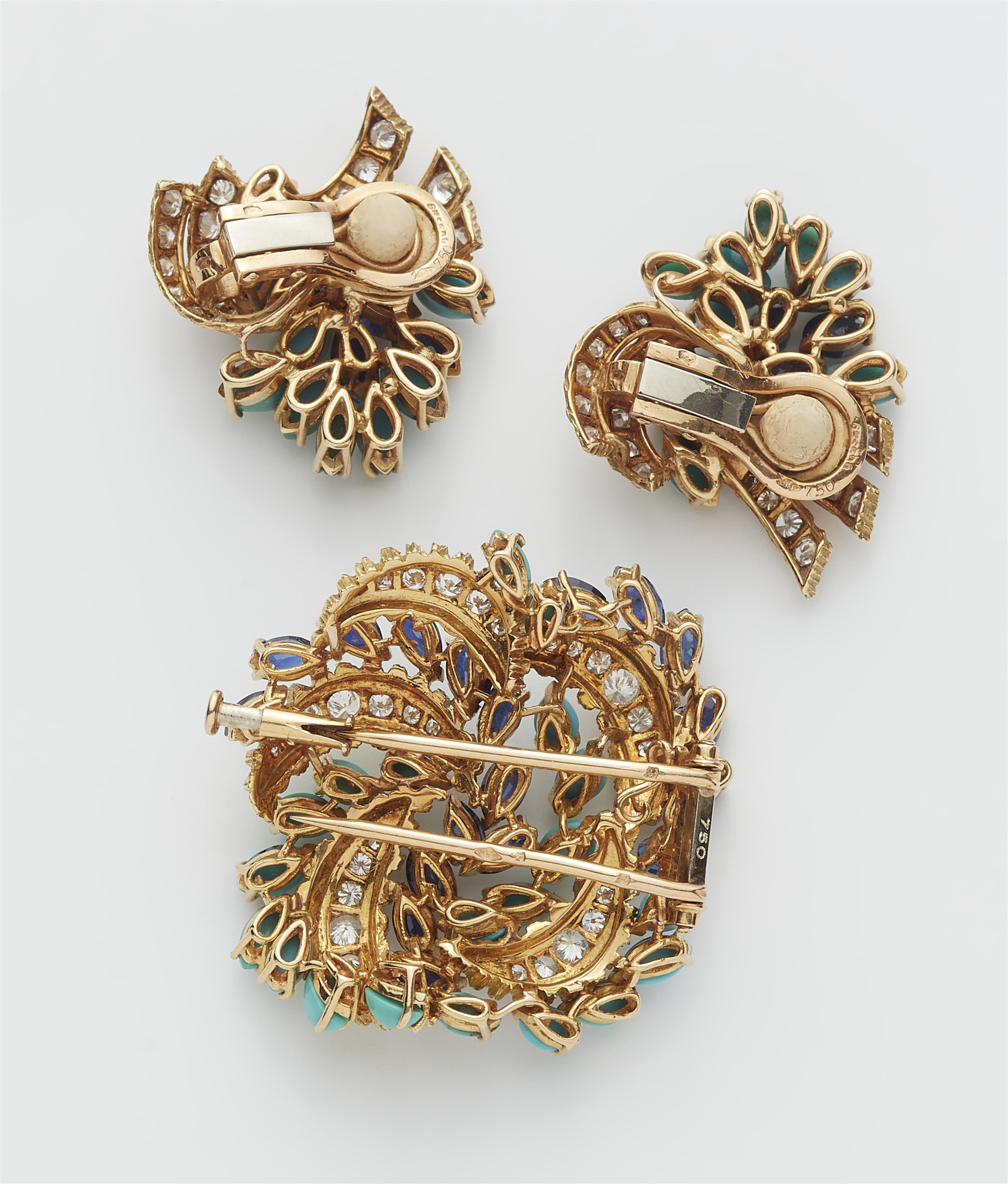 A French 14k gold diamond sapphire and turquoise clip brooch and pair of clip earrings. - image-2