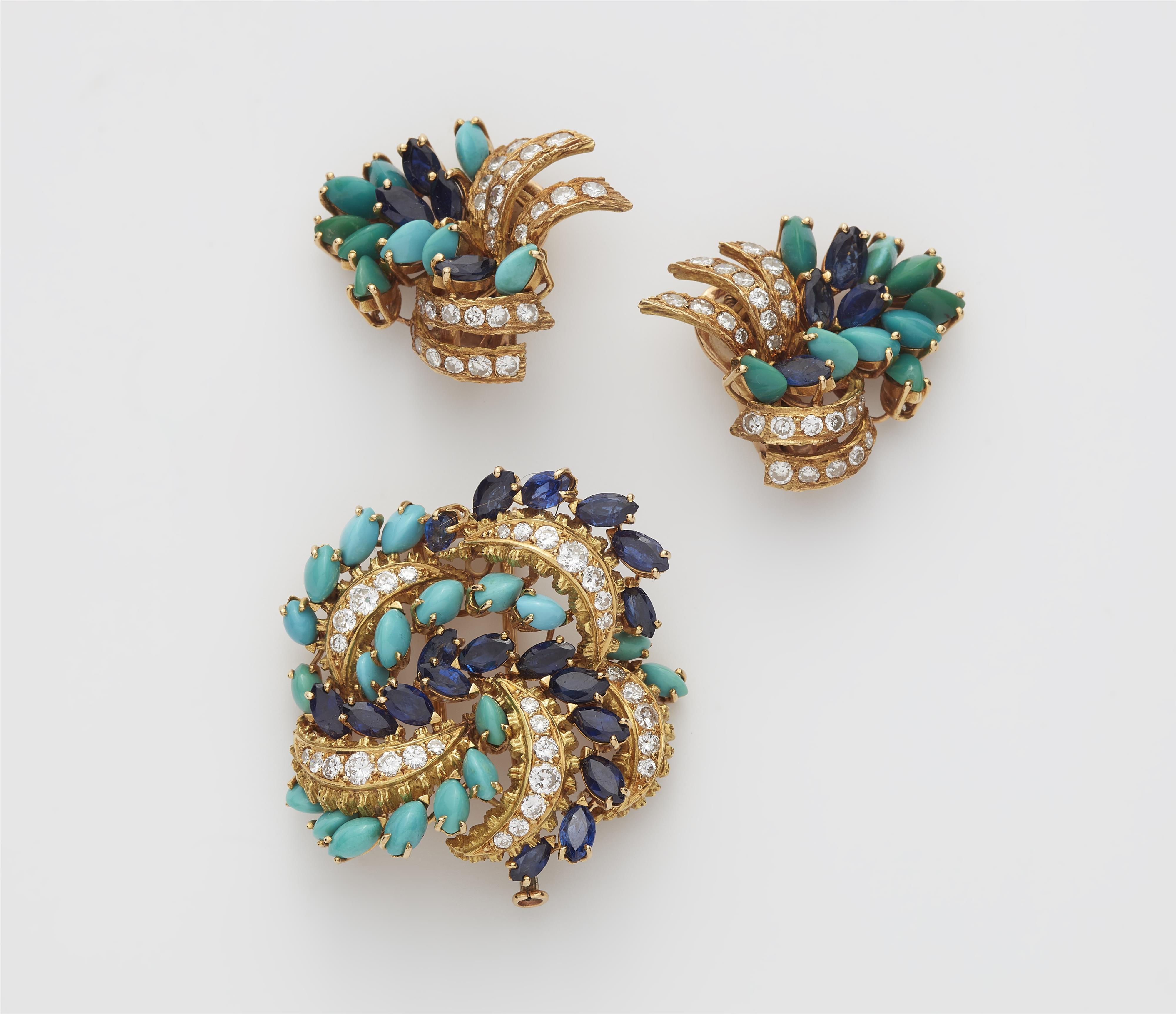 A French 14k gold diamond sapphire and turquoise clip brooch and pair of clip earrings. - image-1