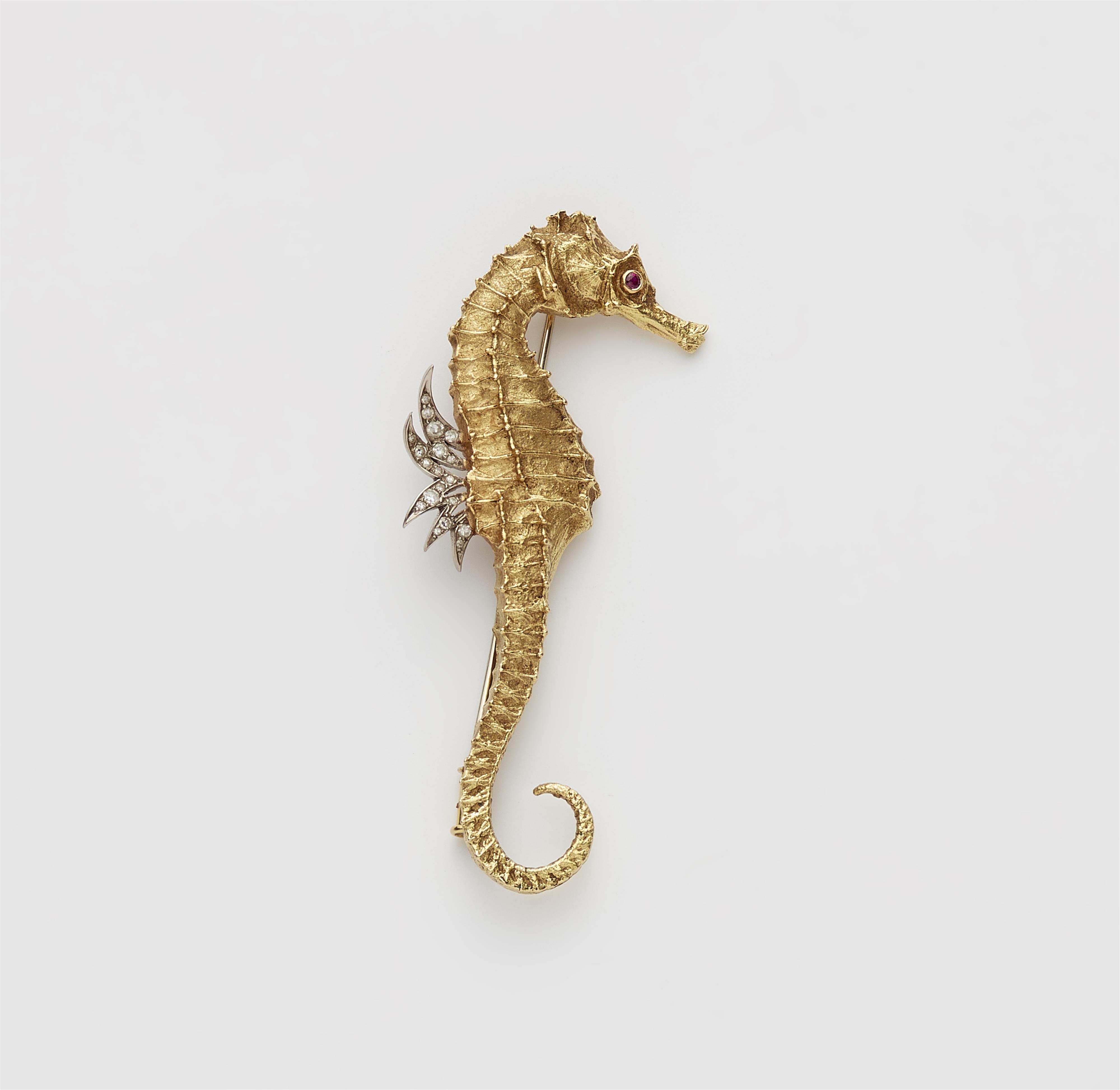 A German 18k gold diamond and ruby seahorse brooch. - image-1