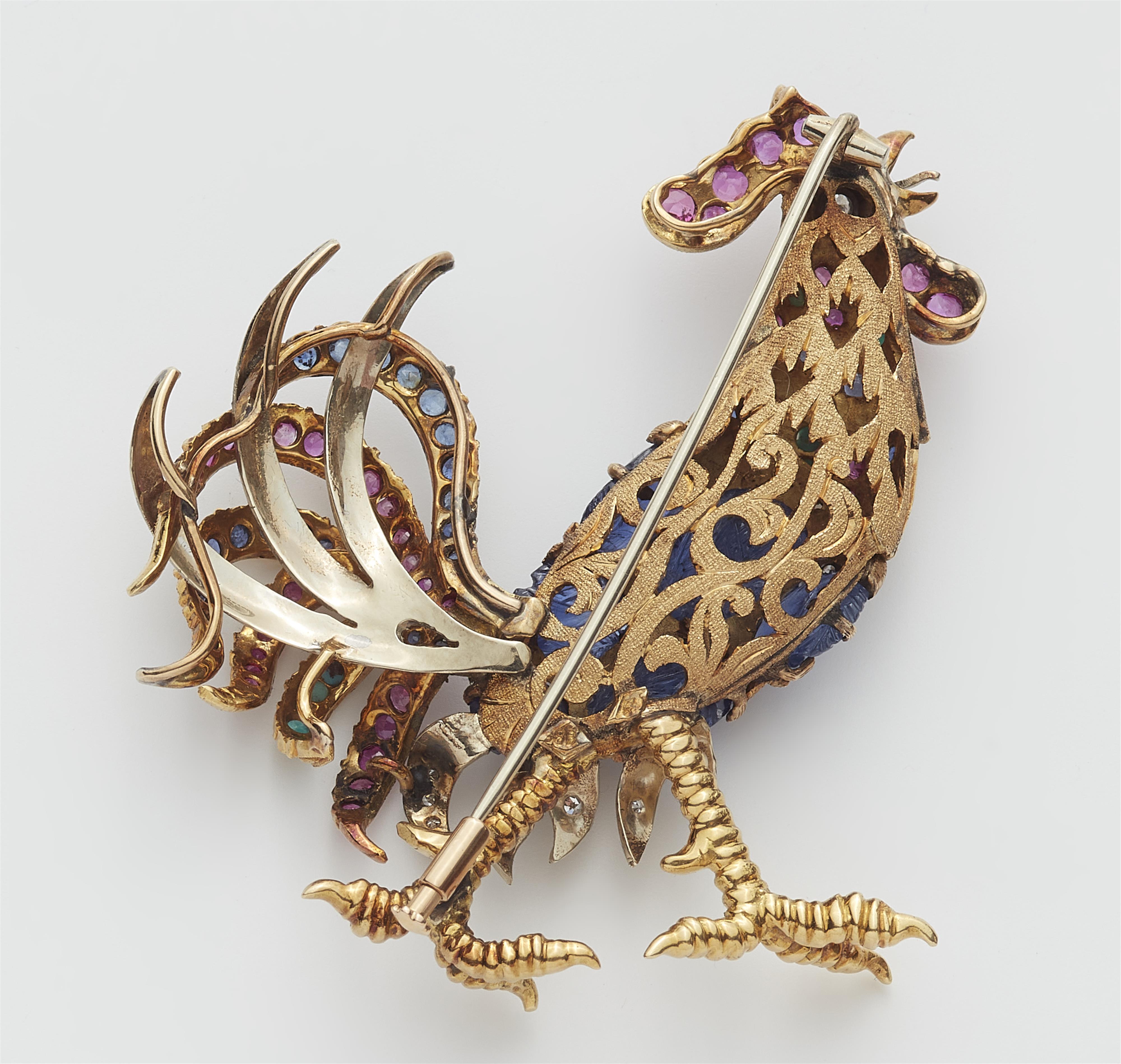 A Bolognese 18k gold and coloured gemstone rooster brooch. - image-2