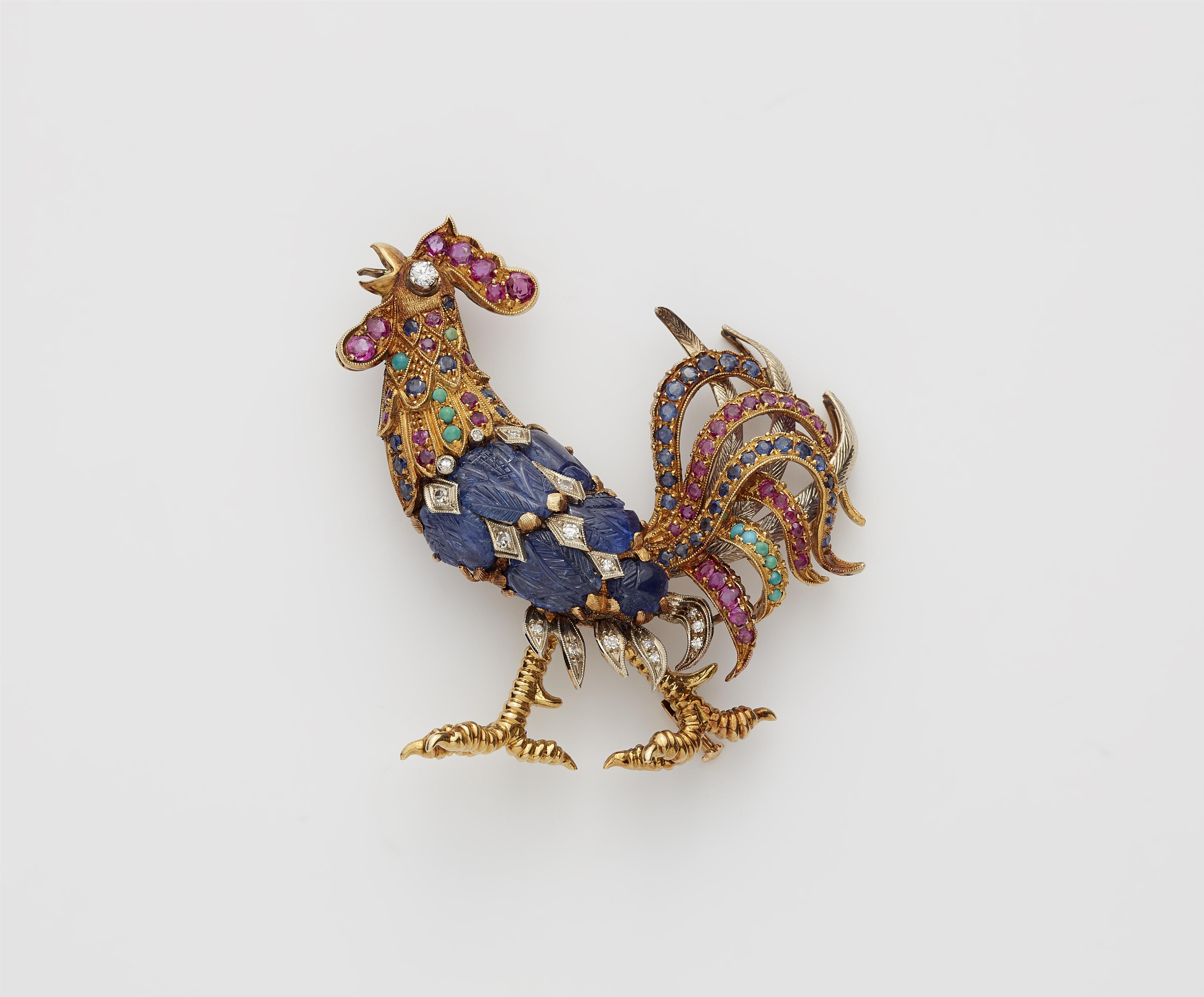 A Bolognese 18k gold and coloured gemstone rooster brooch. - image-1