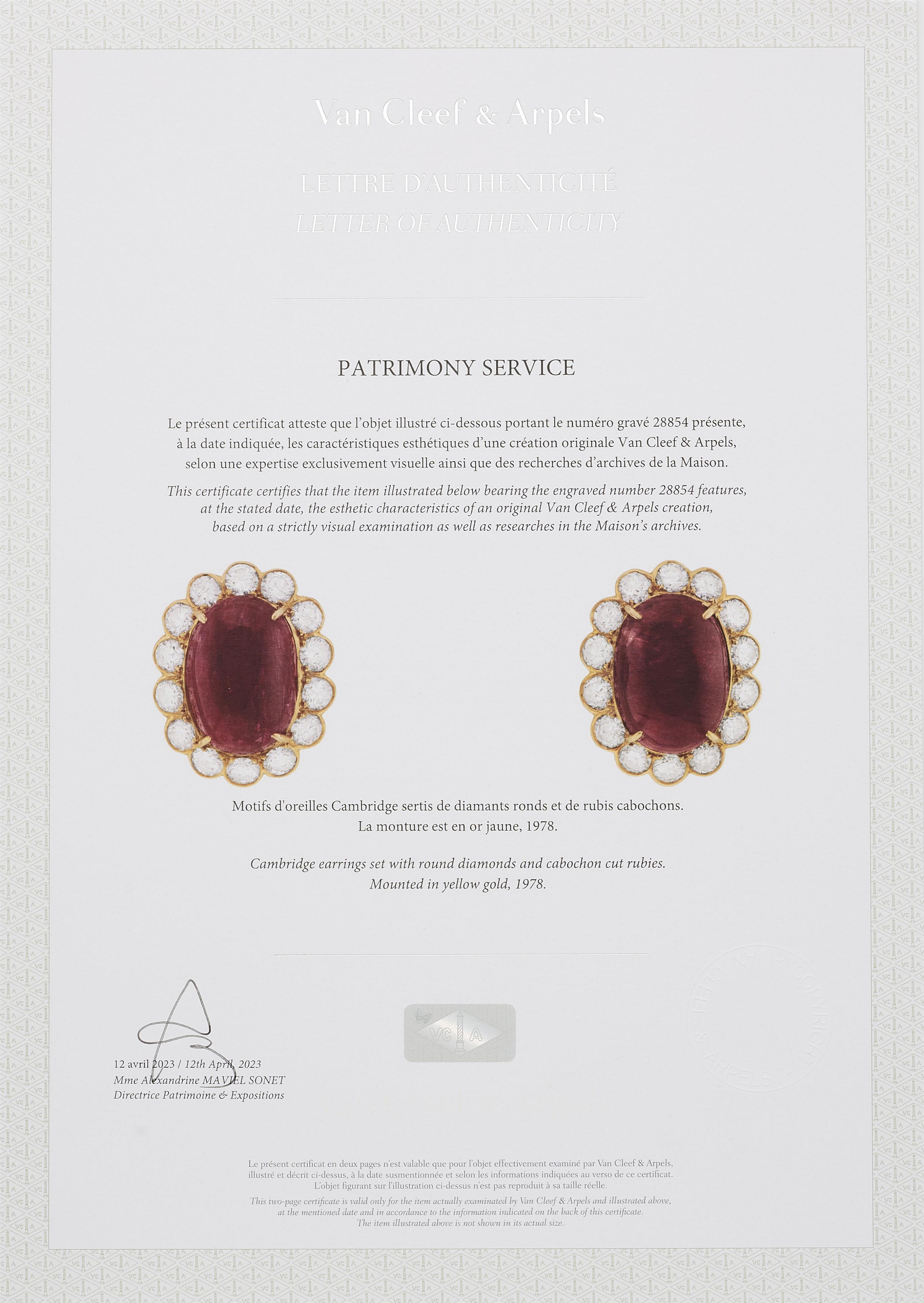 A pair of French 18k yellow gold "Genre Cambridge" diamond and ruby cabochon clip earrings. - image-3