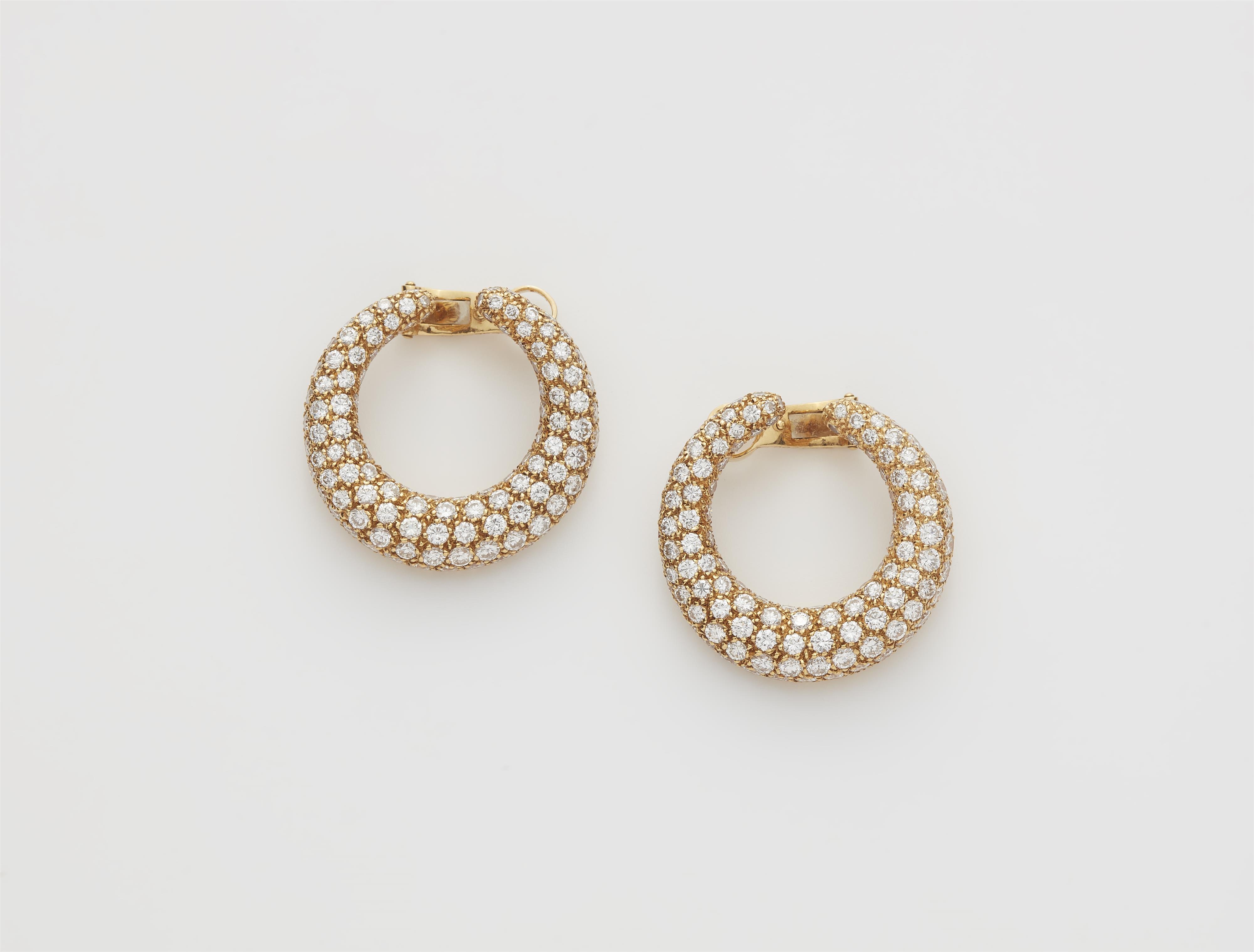 A pair of French 18k gold and diamond pavé hoop clip earrings. - image-1