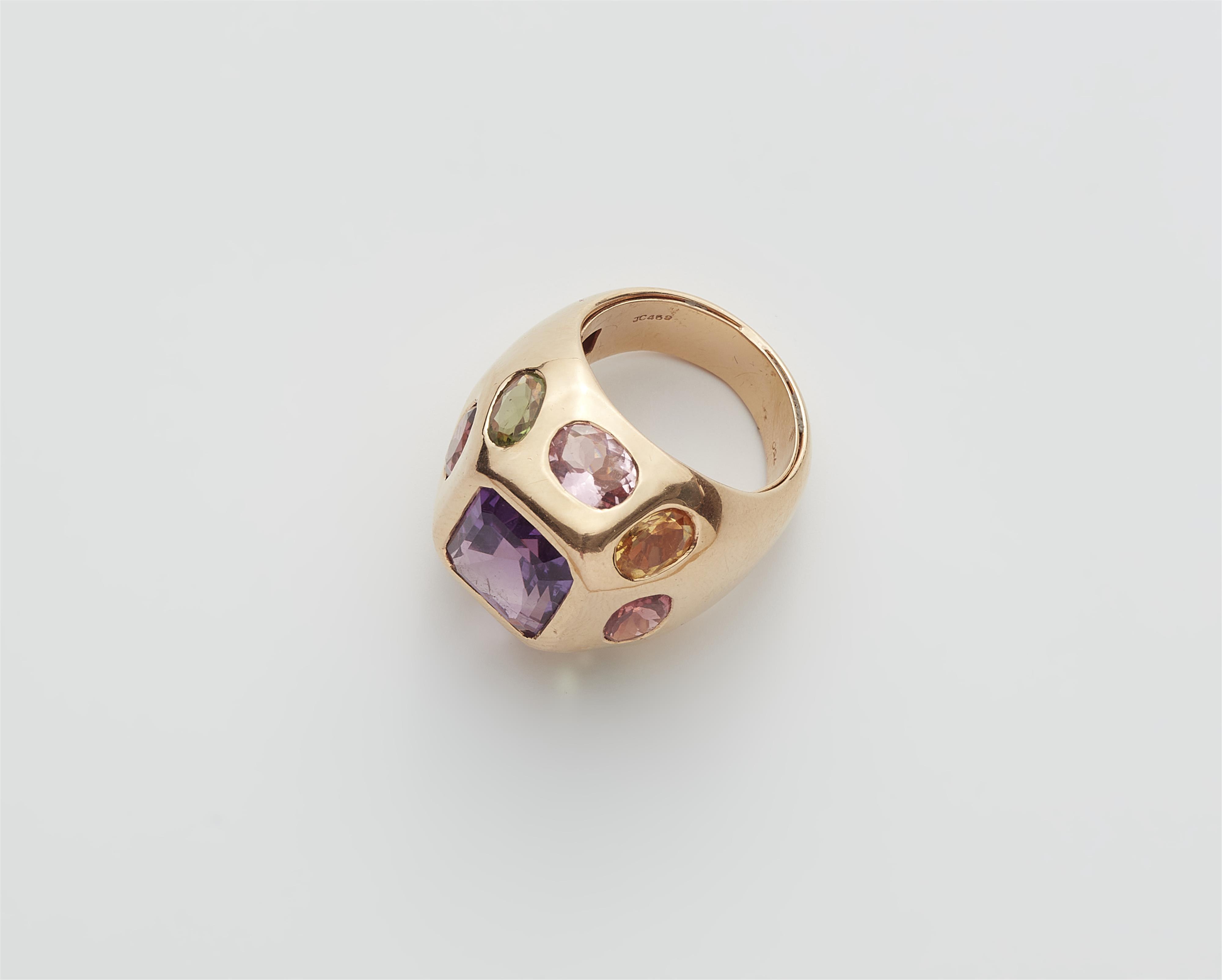 An 18k rose gold domed Chanel style cocktail ring with coloured gemstones. - image-2