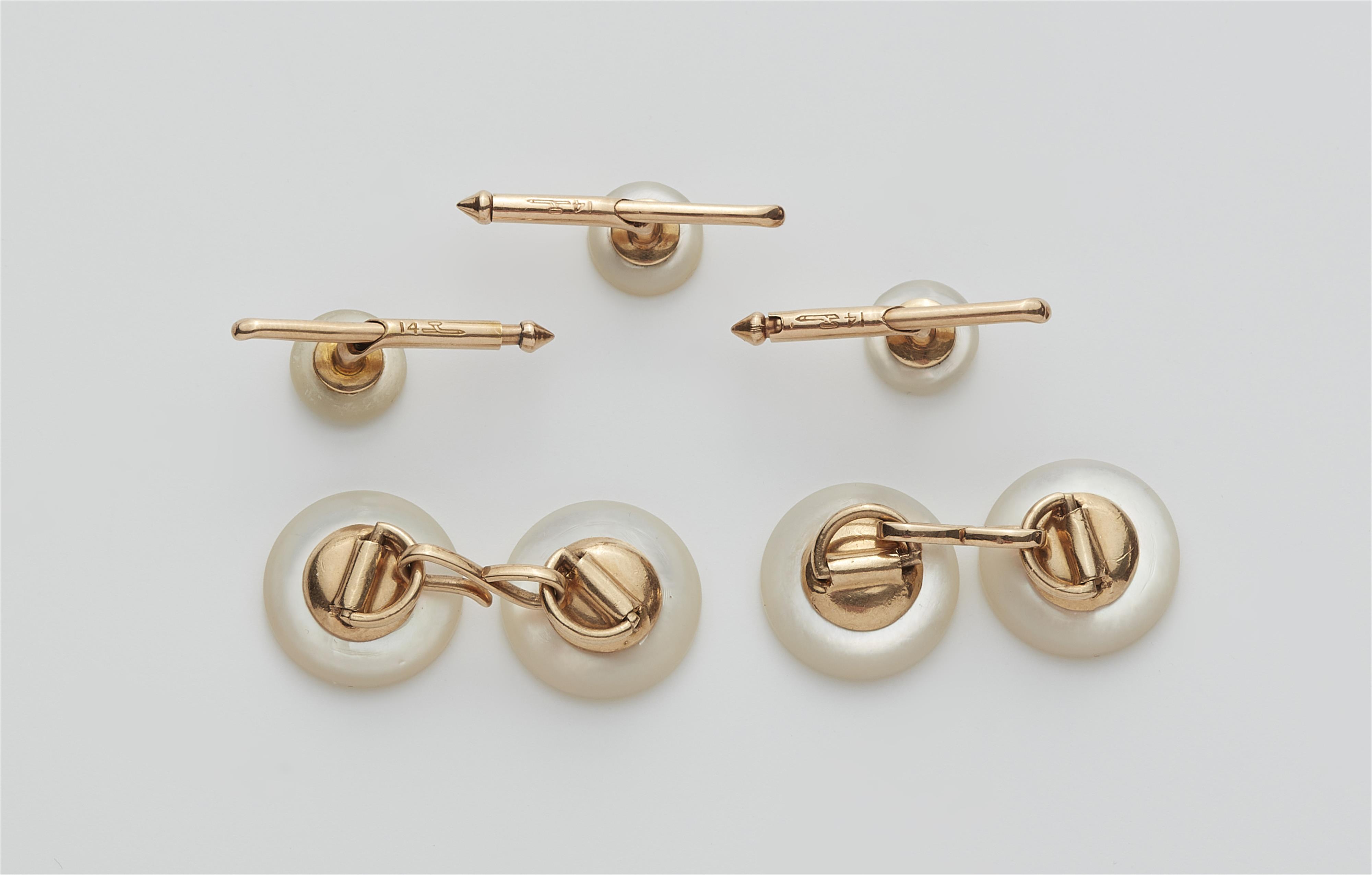 A suite of 14k gold and mother of pearl cufflinks and shirt buttons. - image-2