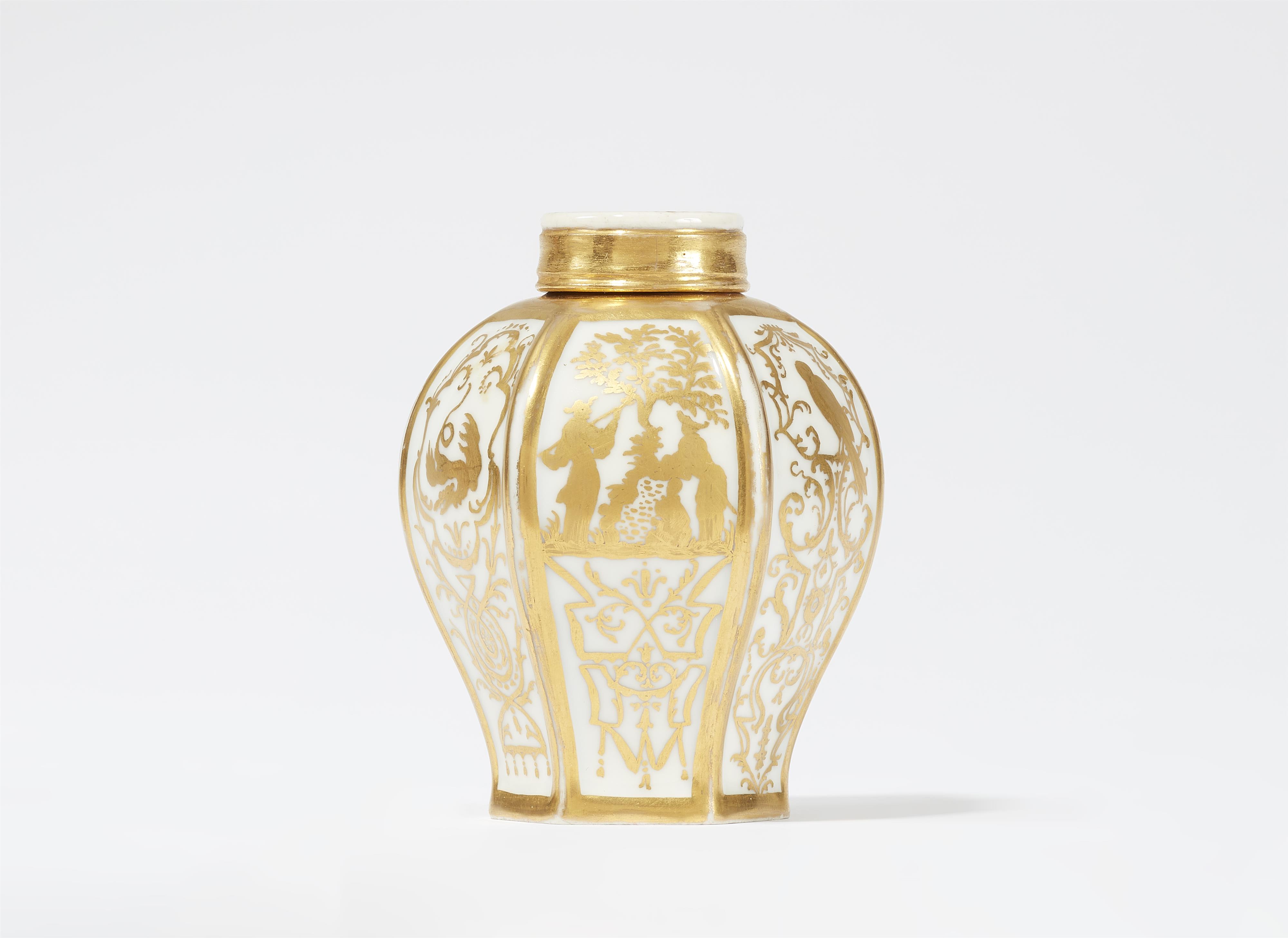 A hexagonal Meissen porcelain tea caddy with Seuter chinoiseries - image-1