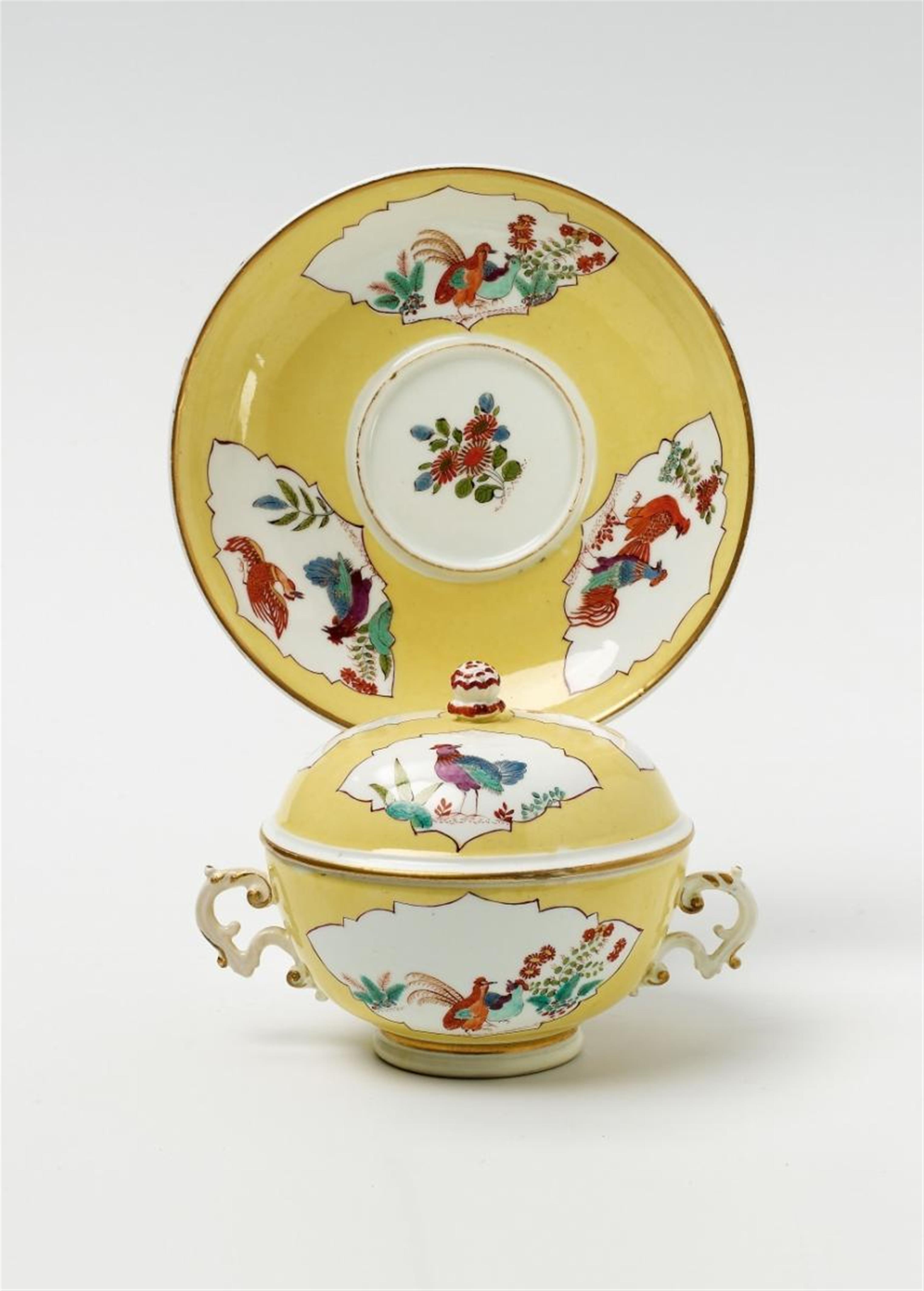 A Meissen porcelain ecuelle on stand with yellow ground - image-1