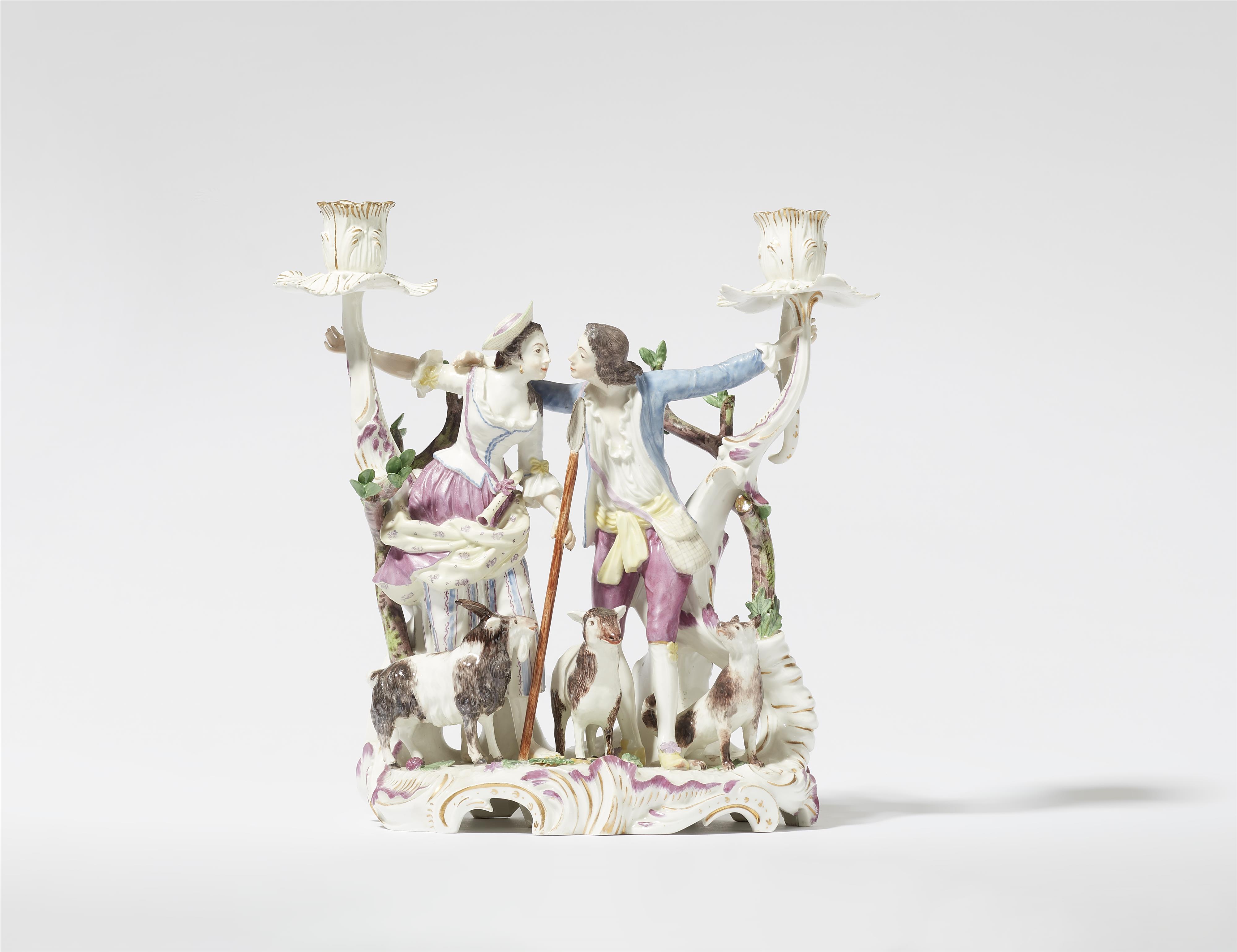 A Höchst porcelain candlestick with kissing figures - image-2