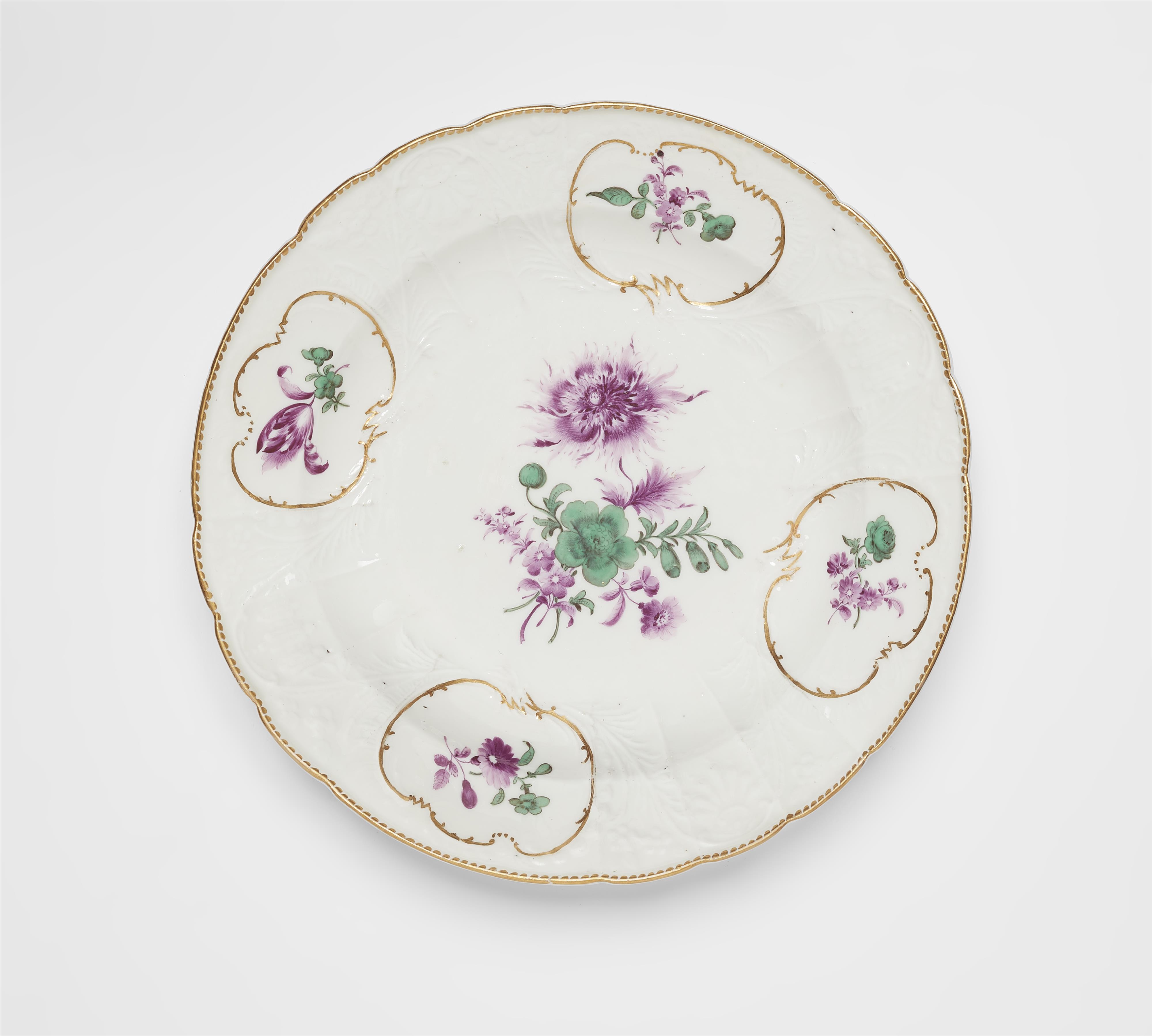 A Meissen porcelain dish with purple and green floral decor - image-1