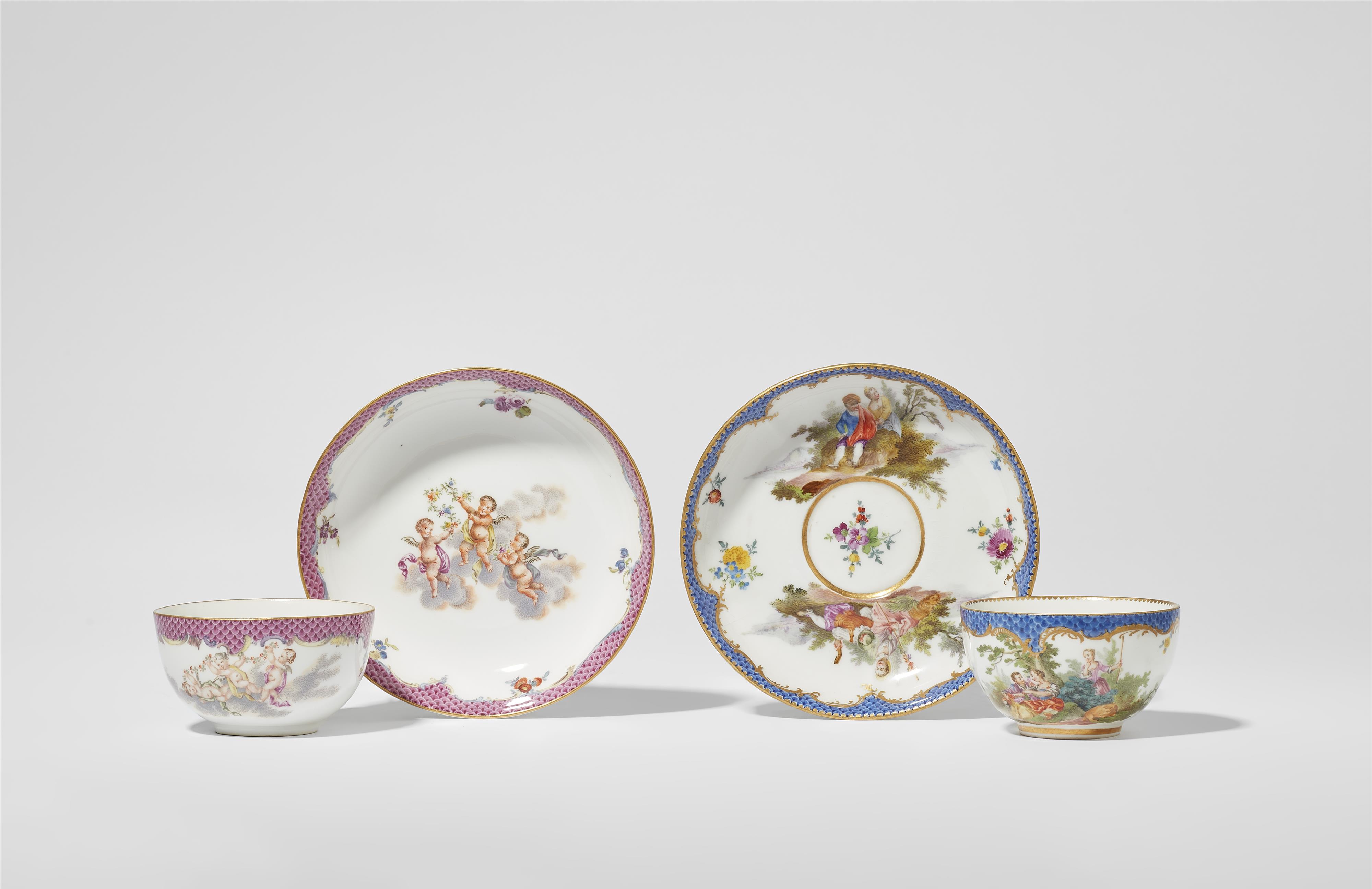 Two Meissen porcelain cups and saucers with scale pattern decor - image-1