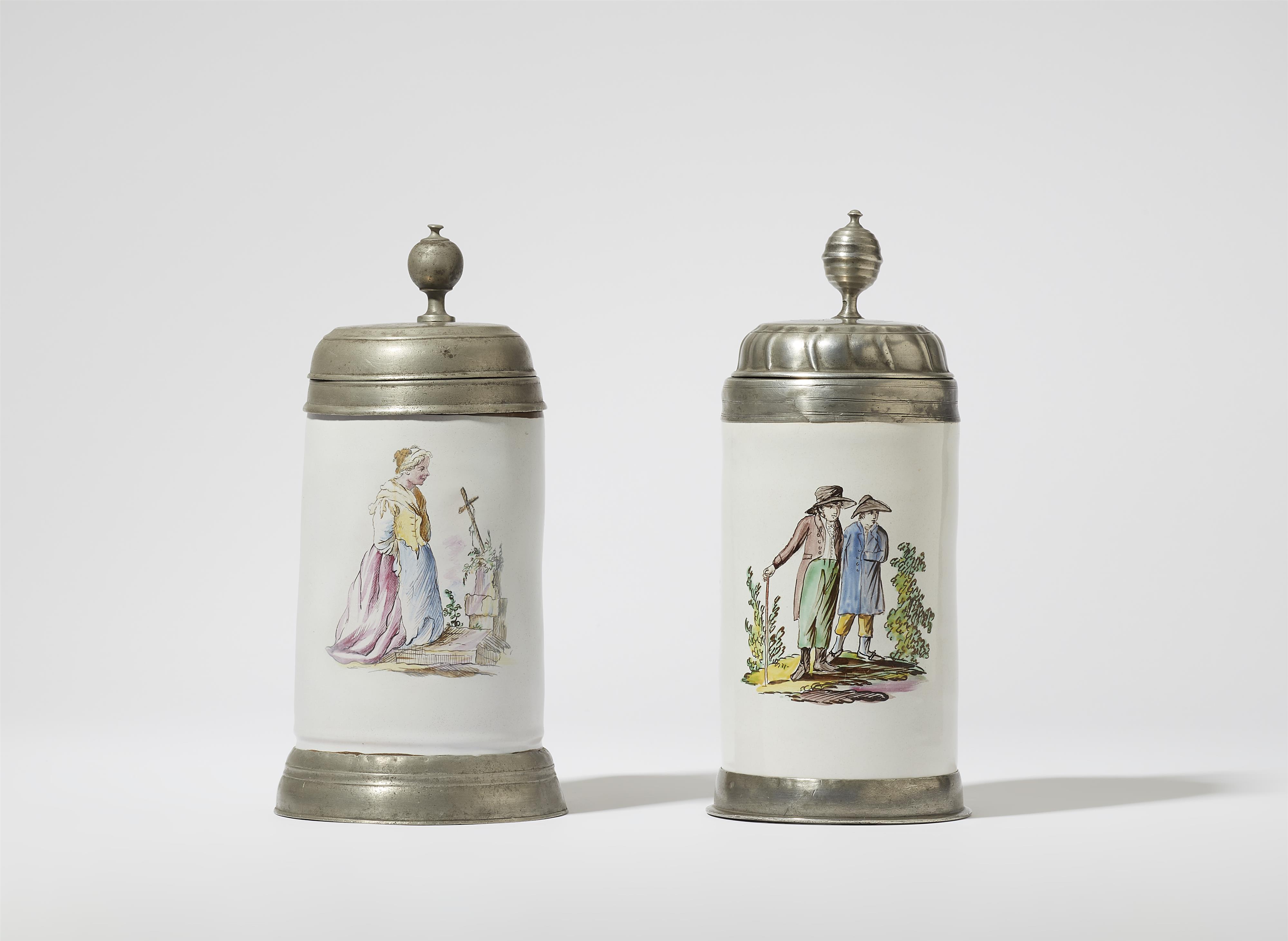 Two pewter-mounted Proskau faience tankards with figural decor - image-1