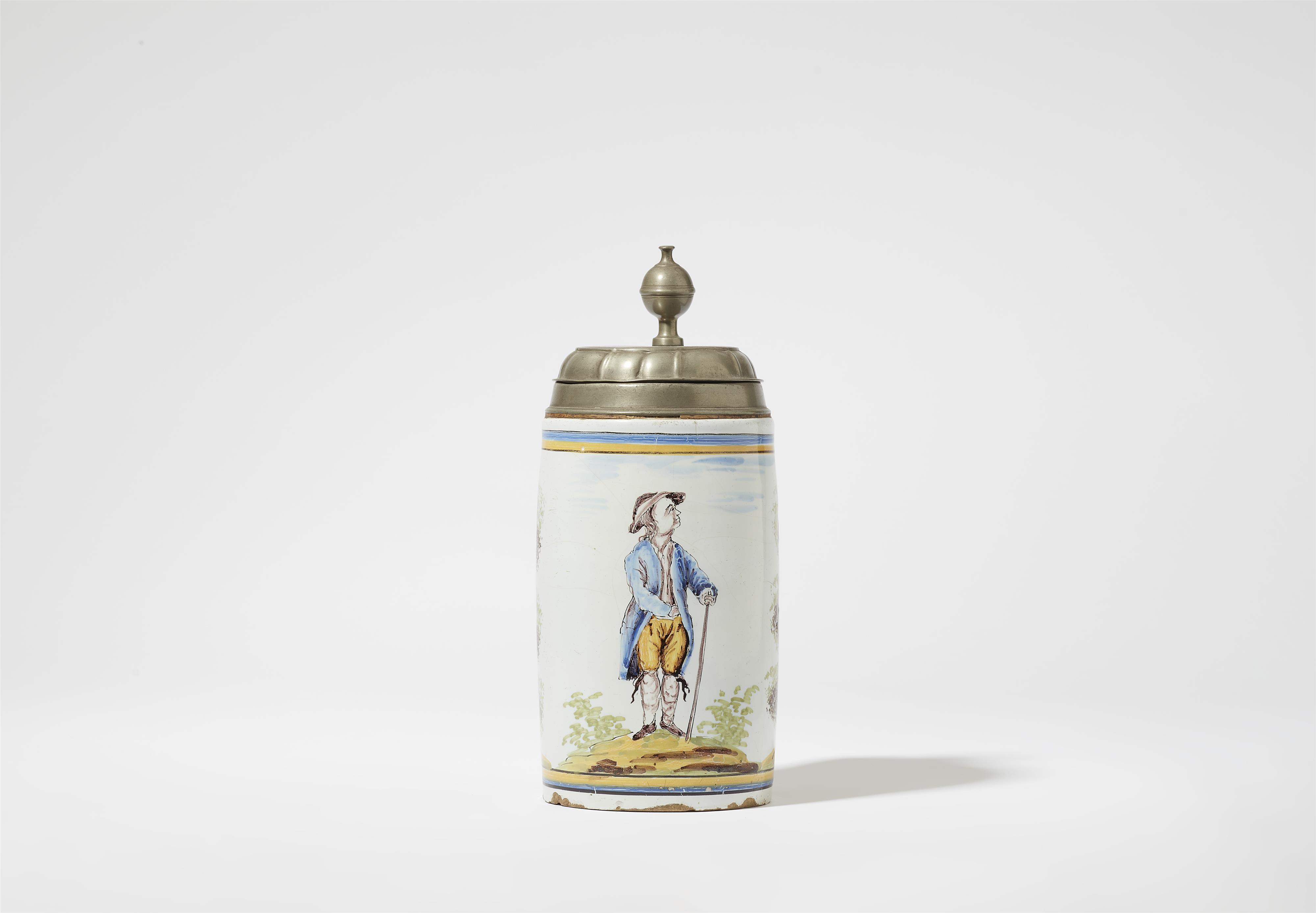 A rare Offenbach pewter-mounted faience tankard - image-1