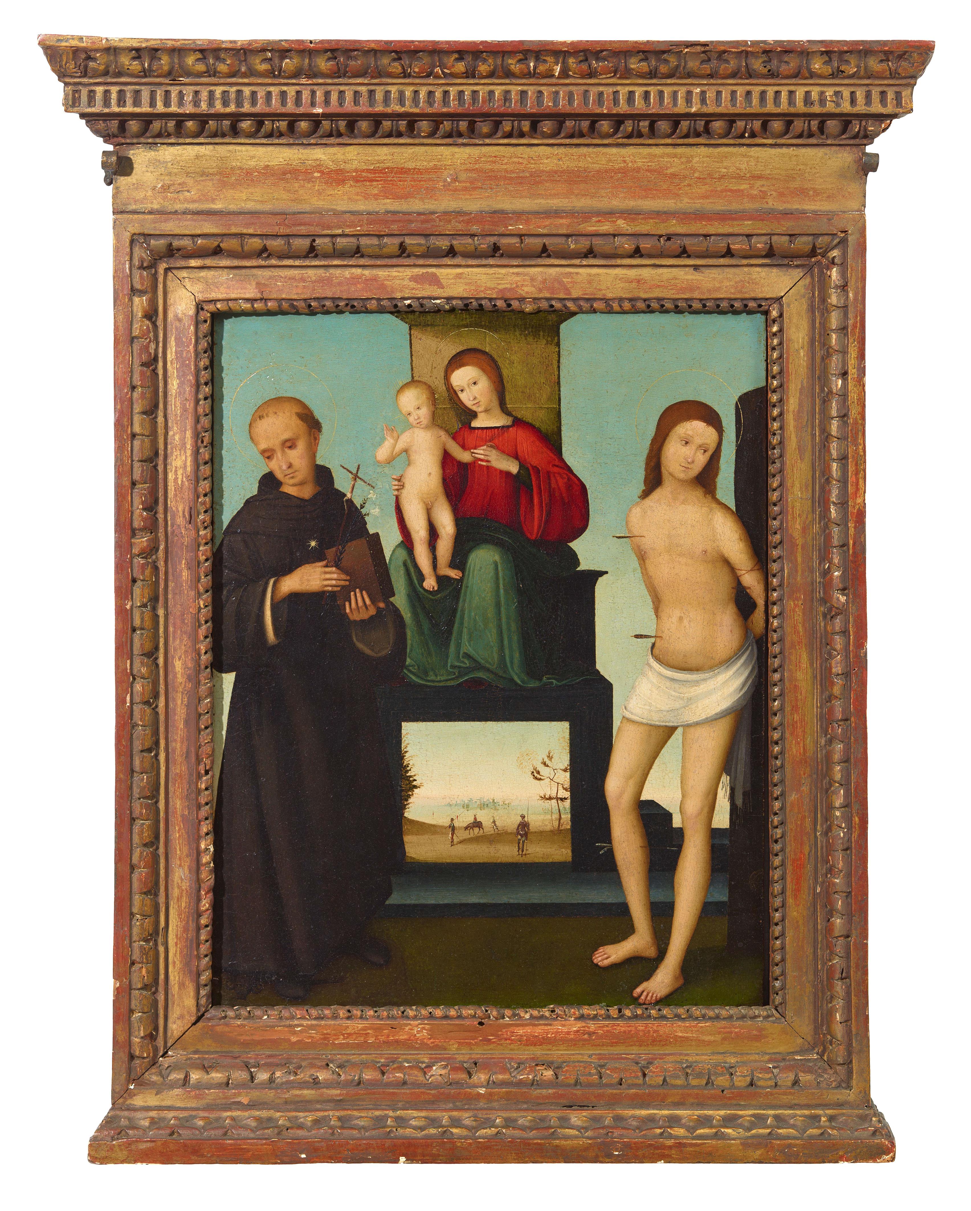 Meister der Maddalena Assunta - Thronende Madonna mit Kind, dem hl. Nikolaus von Tolentino und hl. Sebastian - image-2