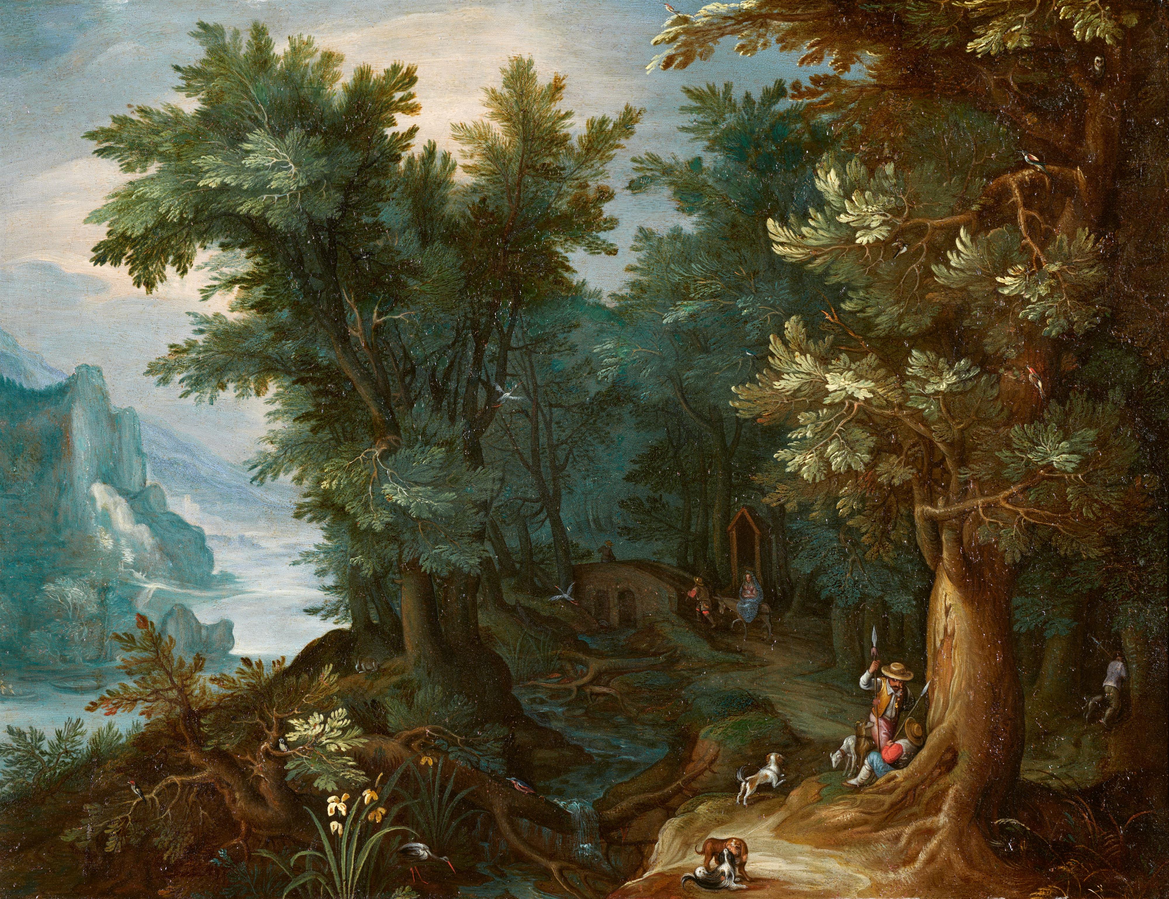 Anton Mirou, zugeschrieben - Bewaldete Flusslandschaft mit rastenden Jägern an einem Wegesrand, im Hintergrund die Flucht nach Ägypten - image-1