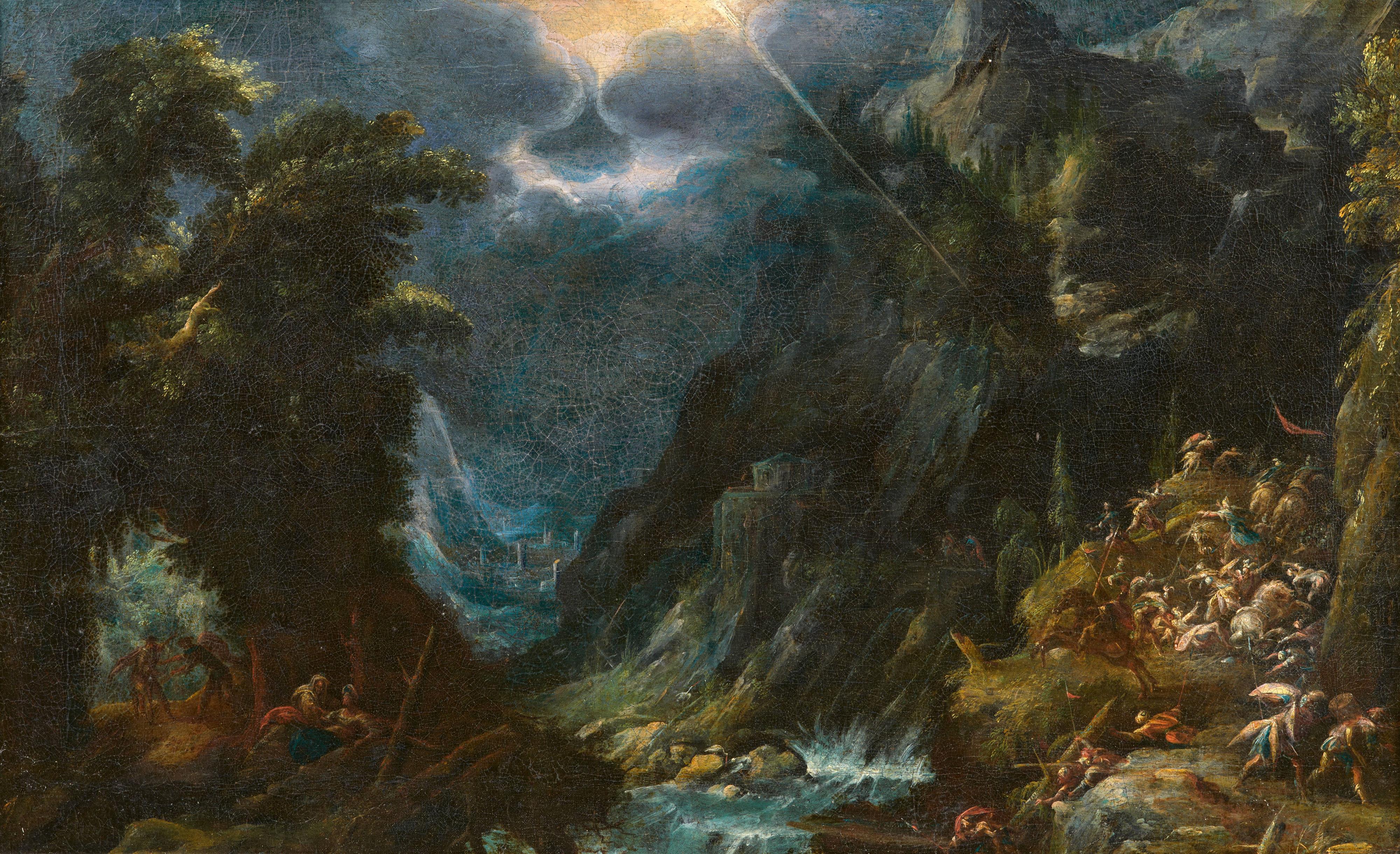 Gillis Claesz de Hondecoeter - Mountainous Landscape with the Conversion of Paul - image-1