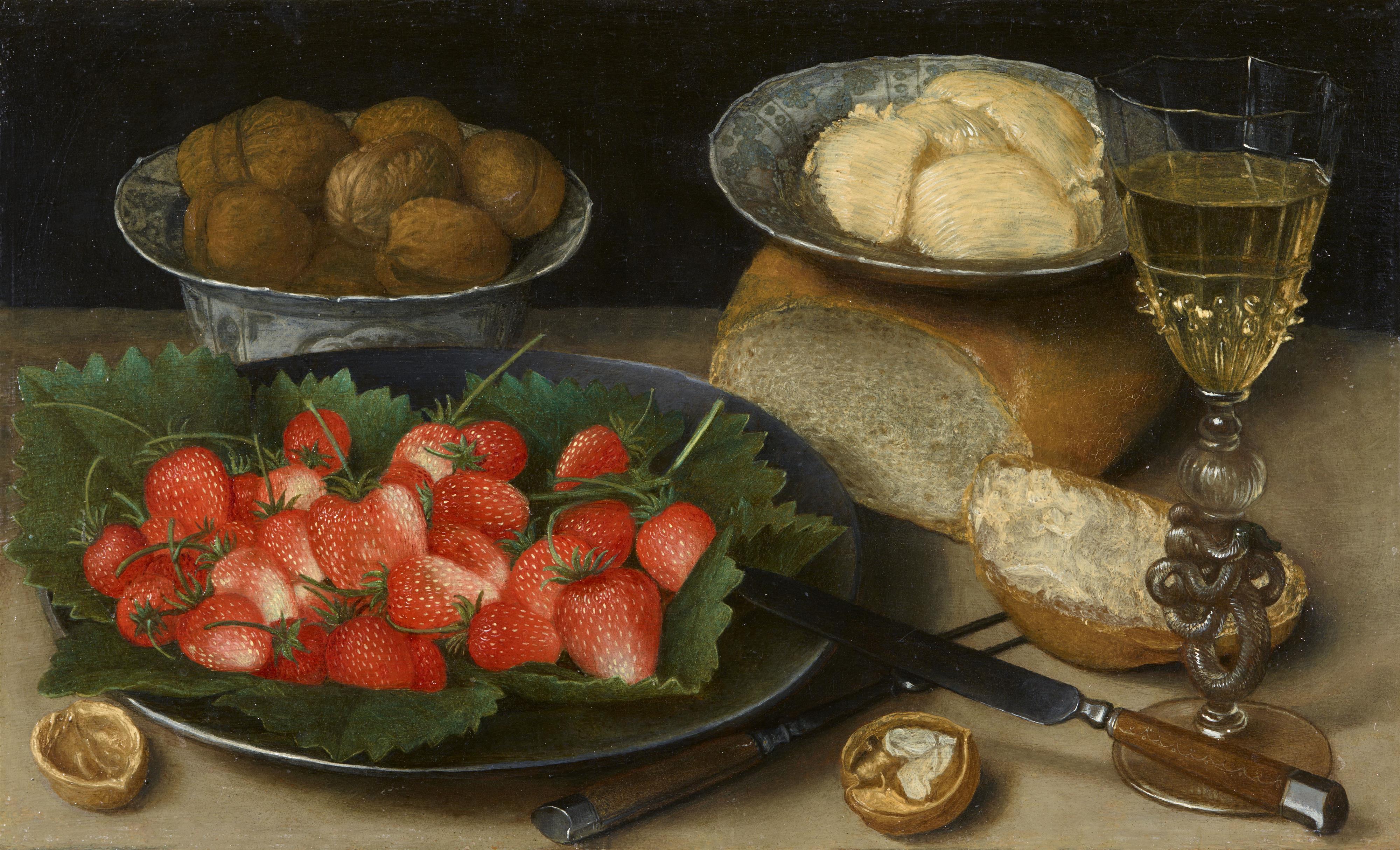 Georg Flegel - Mahlzeit mit Erdbeeren, Walnüssen, Brot, Butter und Wein - image-1