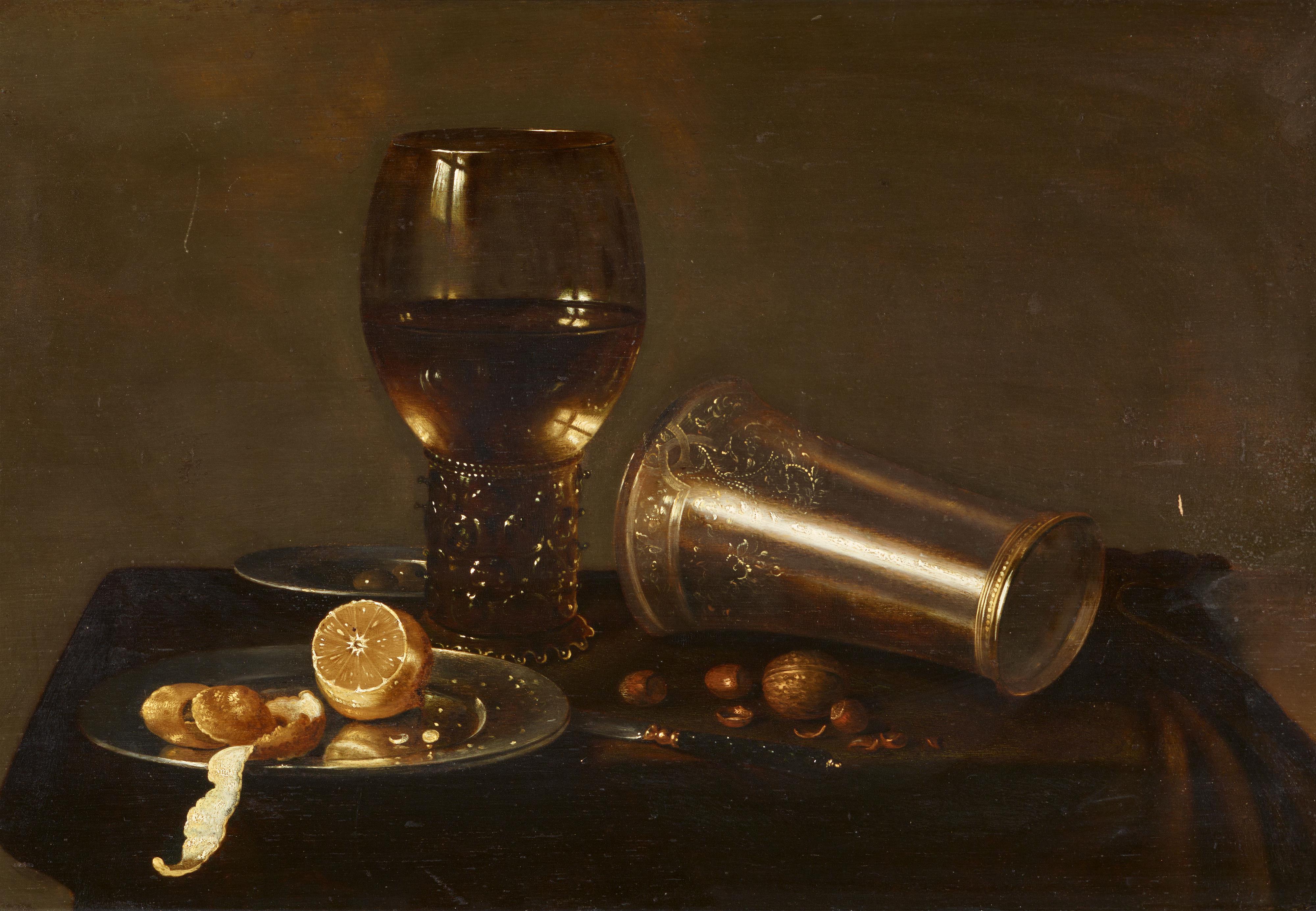 Hans van Sant - Still Life with a Rummer, an Overturned Silver Cup, a Lemon, Olives, Nuts and a Knife - image-1