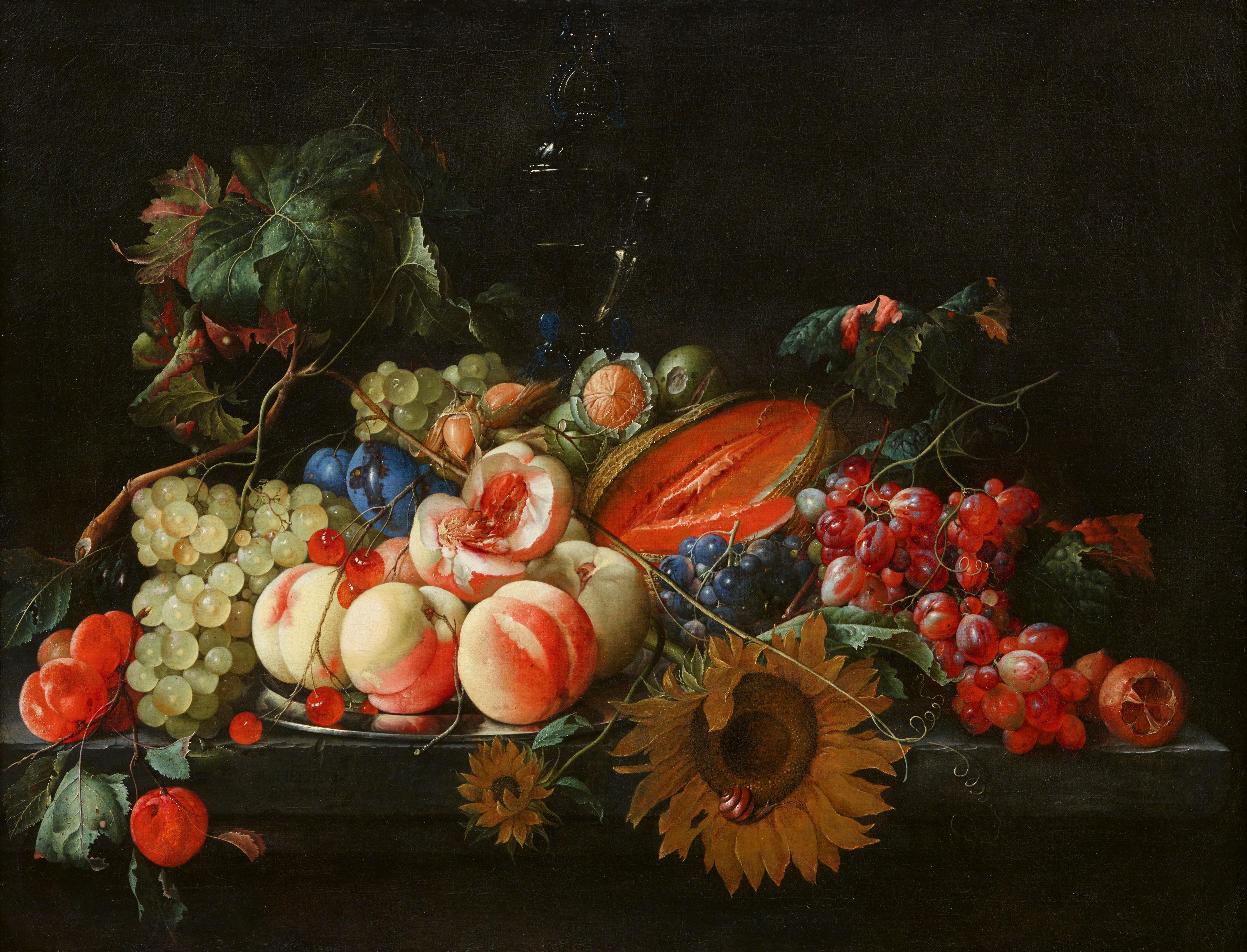 Cornelis de Heem - Stillleben mit Pfirsichen und Kirschen auf einer Silberplatte mit anderen Früchten, Nüssen und Sonnenblumen - image-1