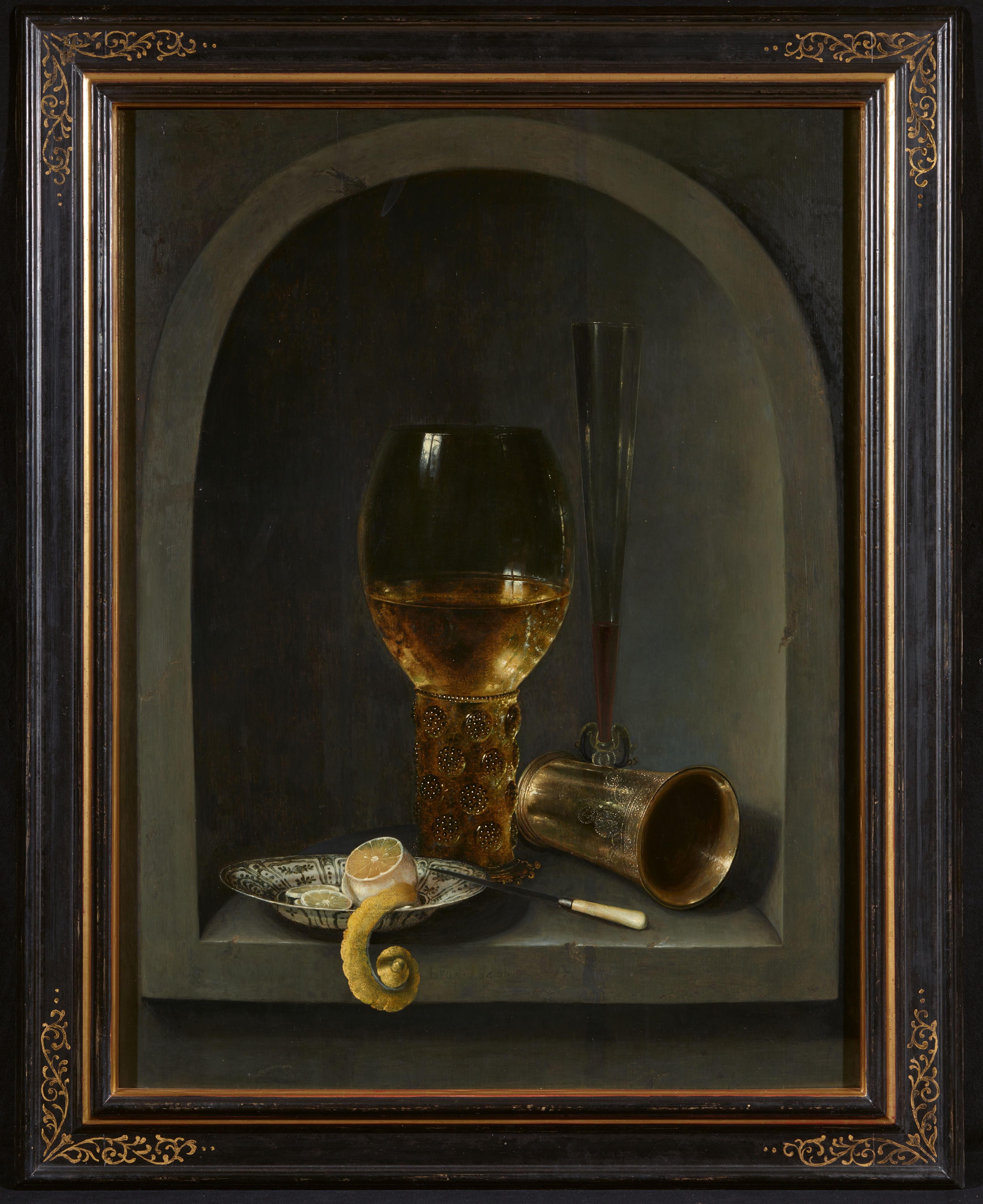 Willem Claesz. Heda - Stillleben mit Römer, venezianischem Flötenglas, einem Silberbecher neben einer blau-weißen Porzellanschale mit geschälter Zitrone und einem Messer, alles in einer Steinnische arrangiert - image-2
