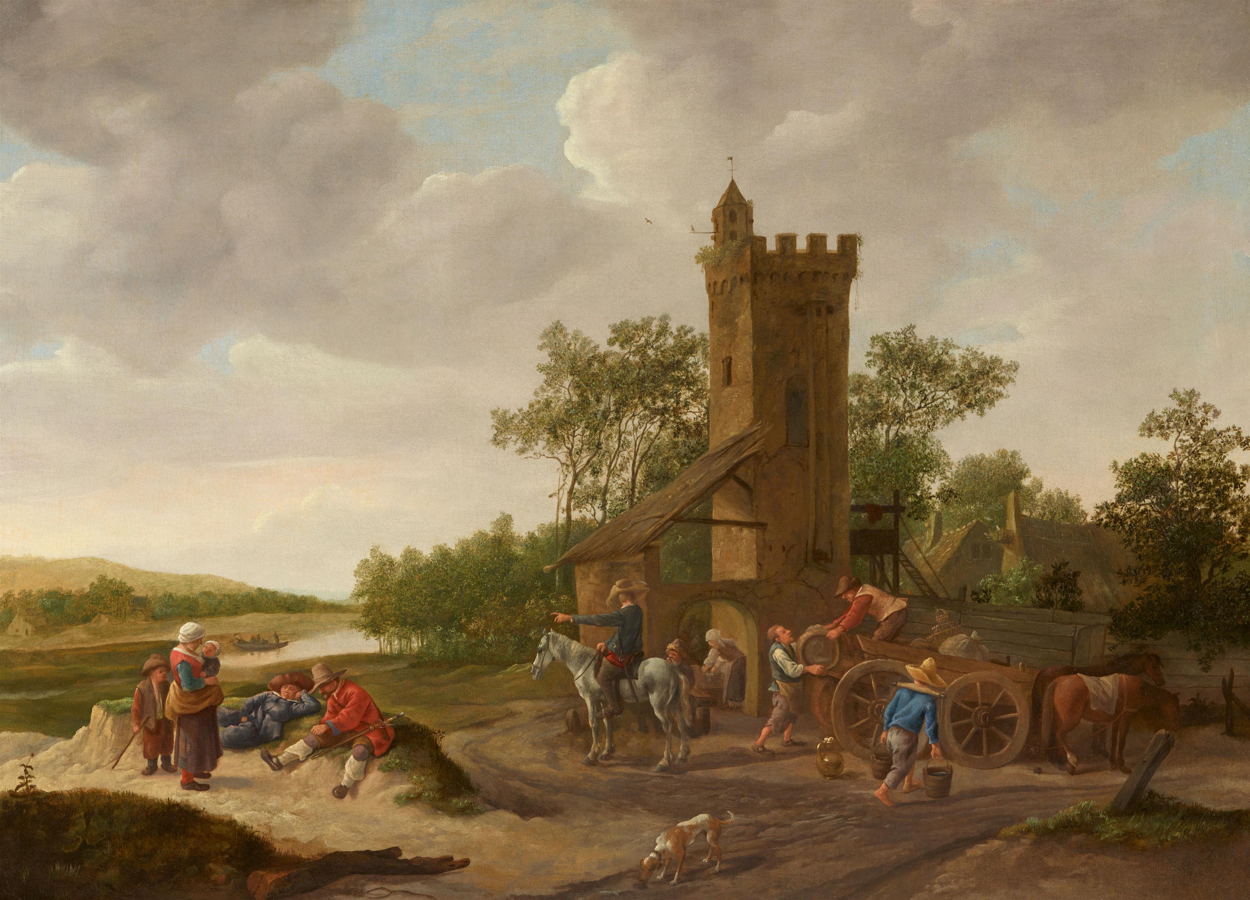 Jan Steen - Landschaft an einem Fluss und mit einem Turm, davor be- oder entladen Männer einen Karren sowie weitere Figuren, darunter ein Reiter, eine Mutter mit Kindern und zwei rastende Männer - image-1