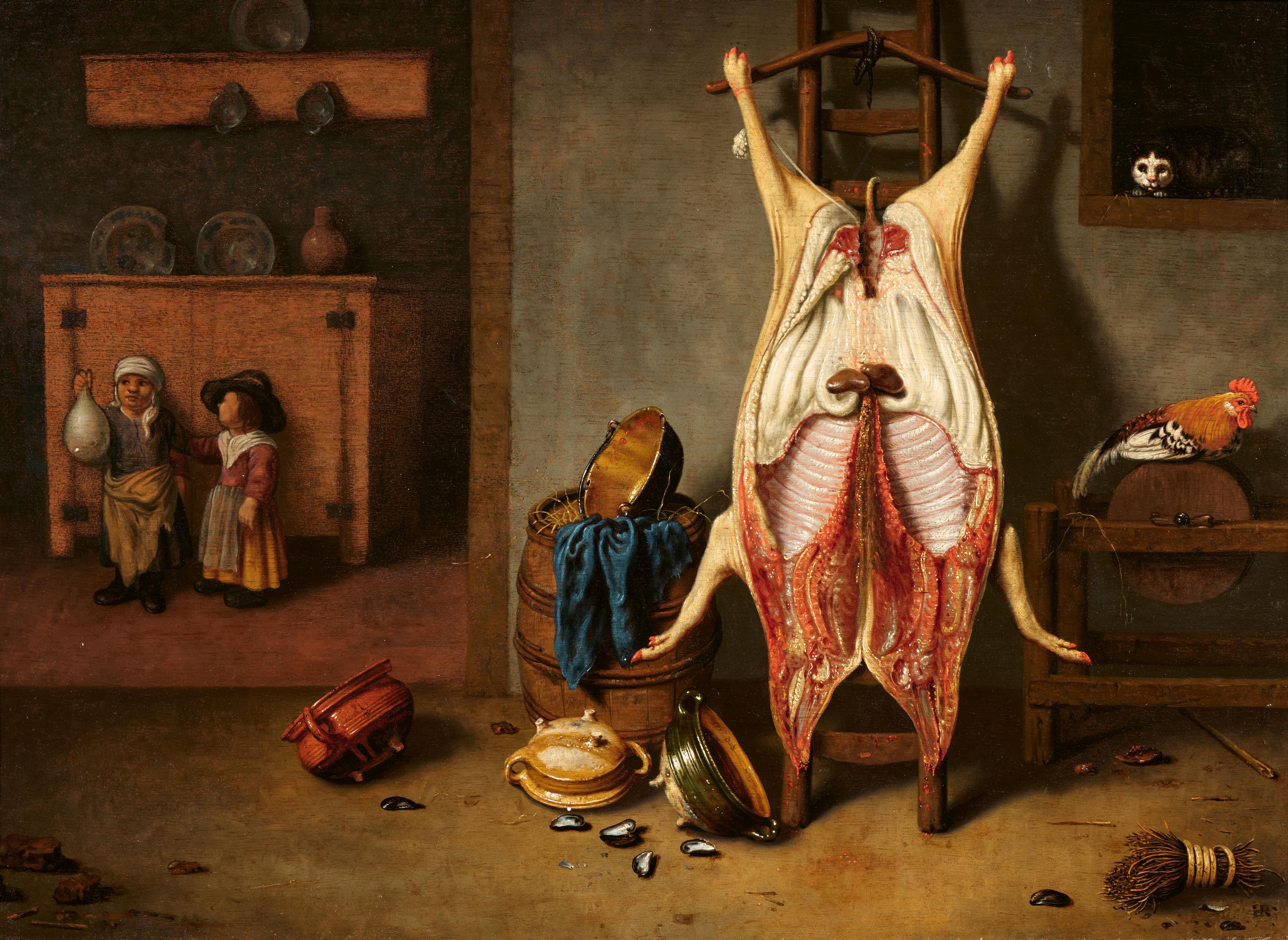 Hubert van Ravesteyn - Scheuneninterieur mit einem geschlachteten Schwein, zwei Kindern mit einer Schweinsblase, einem Hahn und einer Katze - image-1