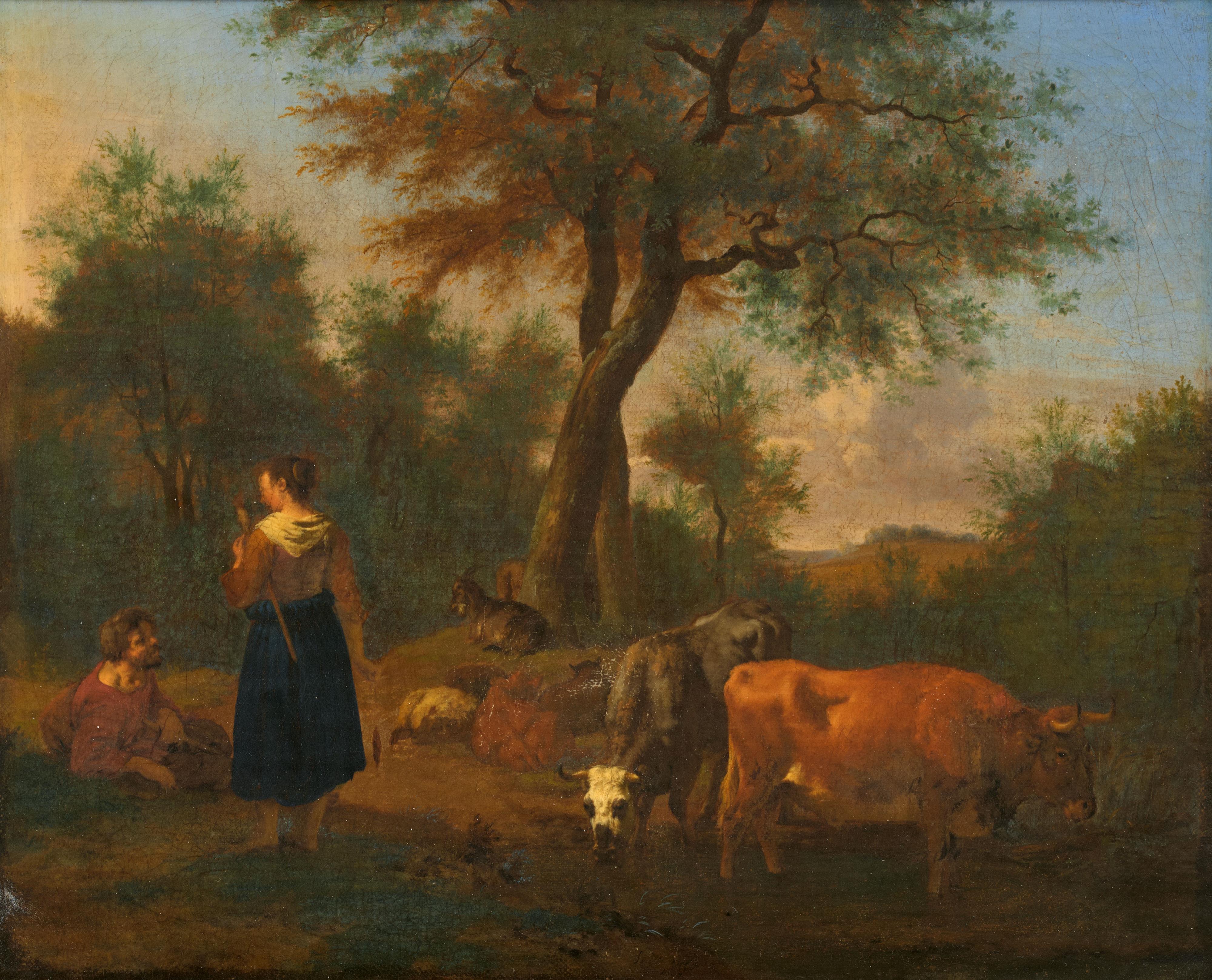 Adriaen van de Velde - Baumbestandene Landschaft mit Hirten, Kühen, Schafen und Ziegen - image-1