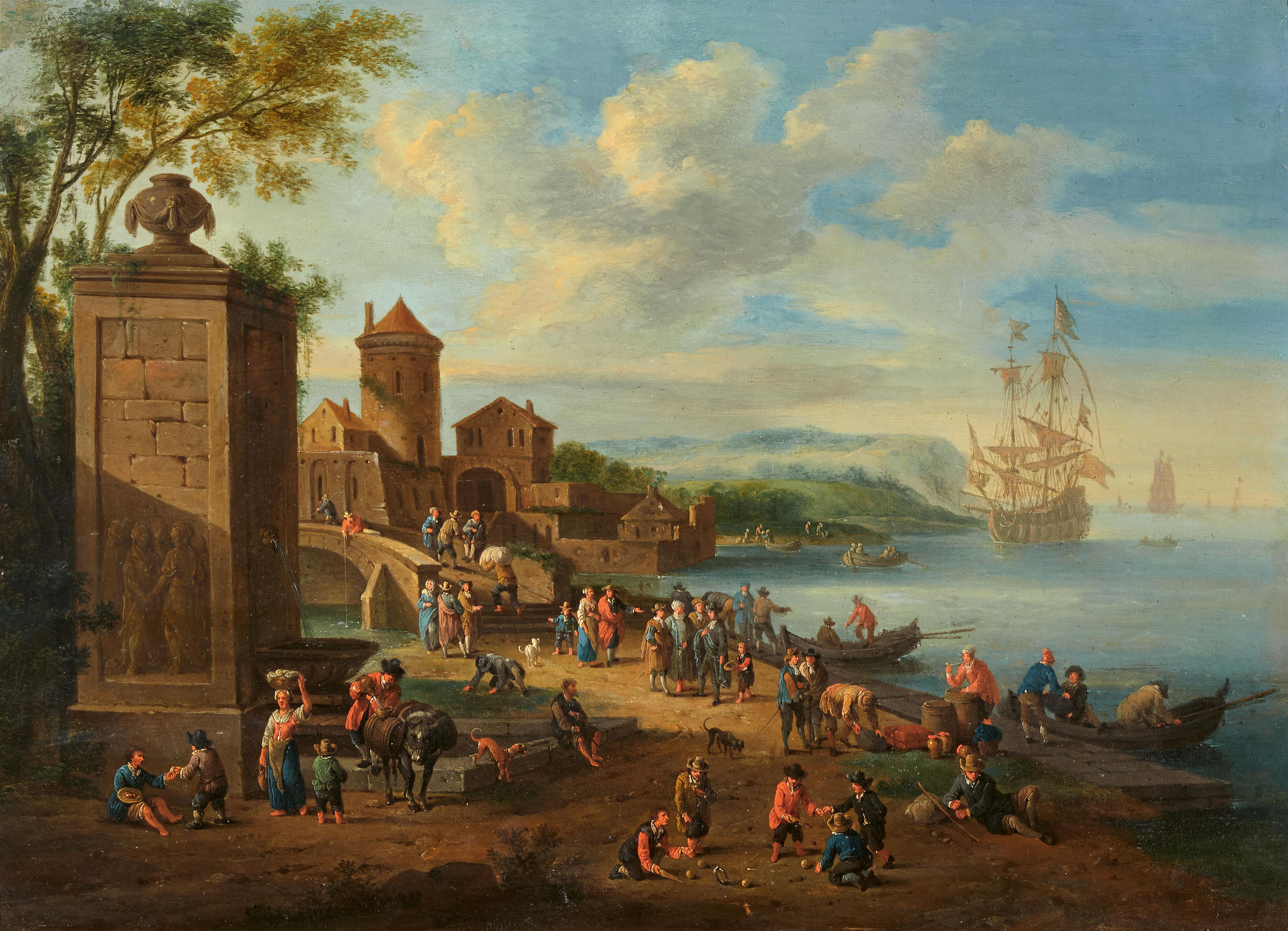 Pieter Bout - Busy Harbour Scene with a Walled City in the Background - image-1