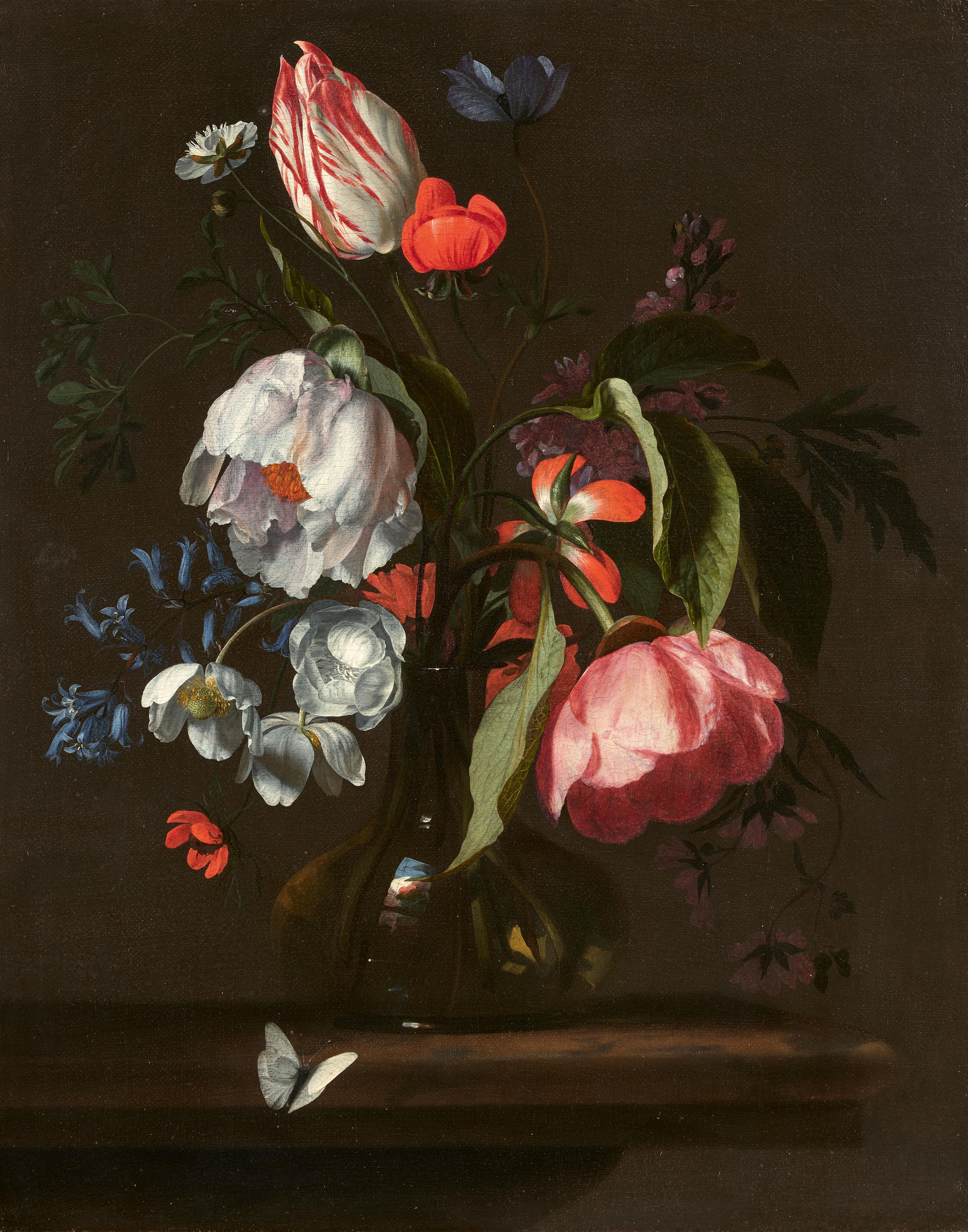 Simon Verelst - Still Life with a Tulip, Peonies, Poppies, Delphinium and Anemones in a Glass Vase and a Butterfly - image-1