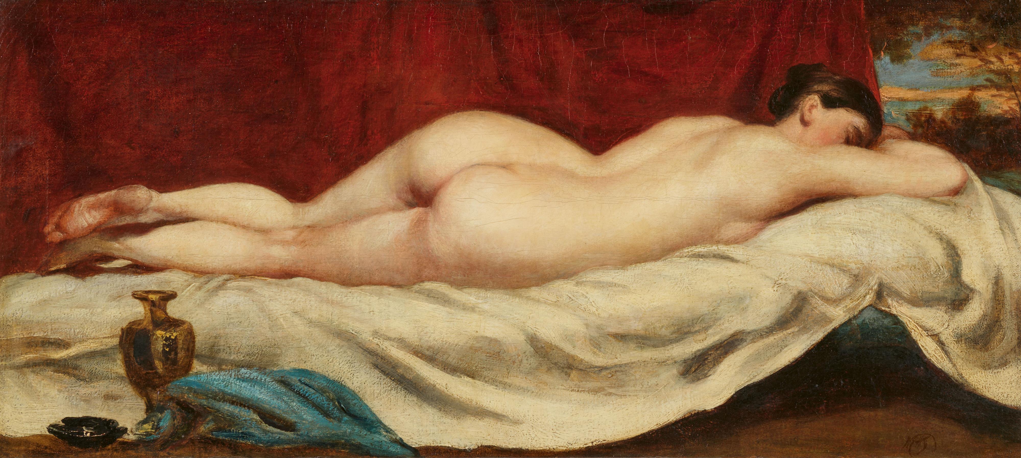 William Etty - Sleeping Female Nude Lying on Sofa against a Red Curtain - image-1