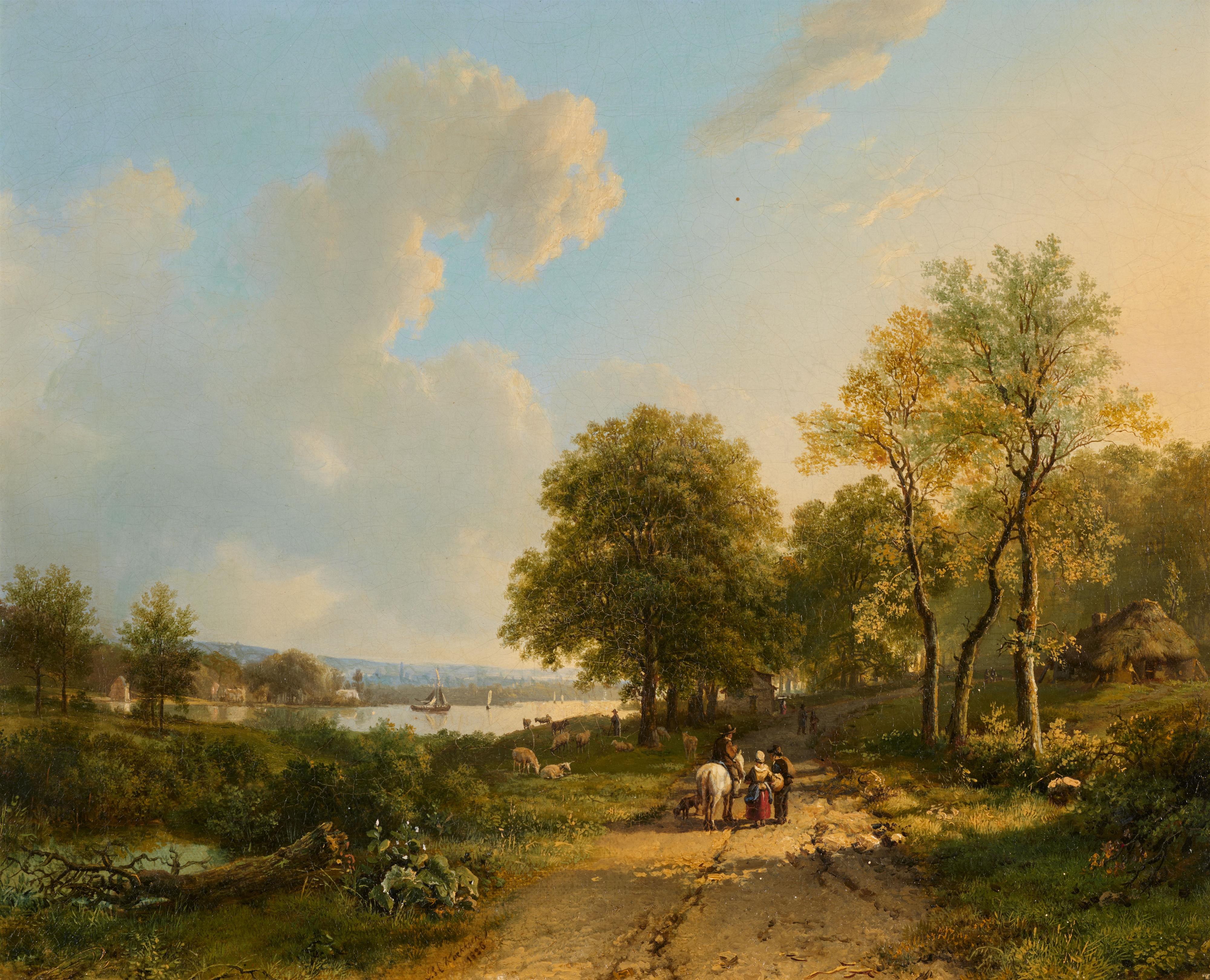 Barend Cornelis Koekkoek - River Landscape with Horsemen and Travellers - image-1