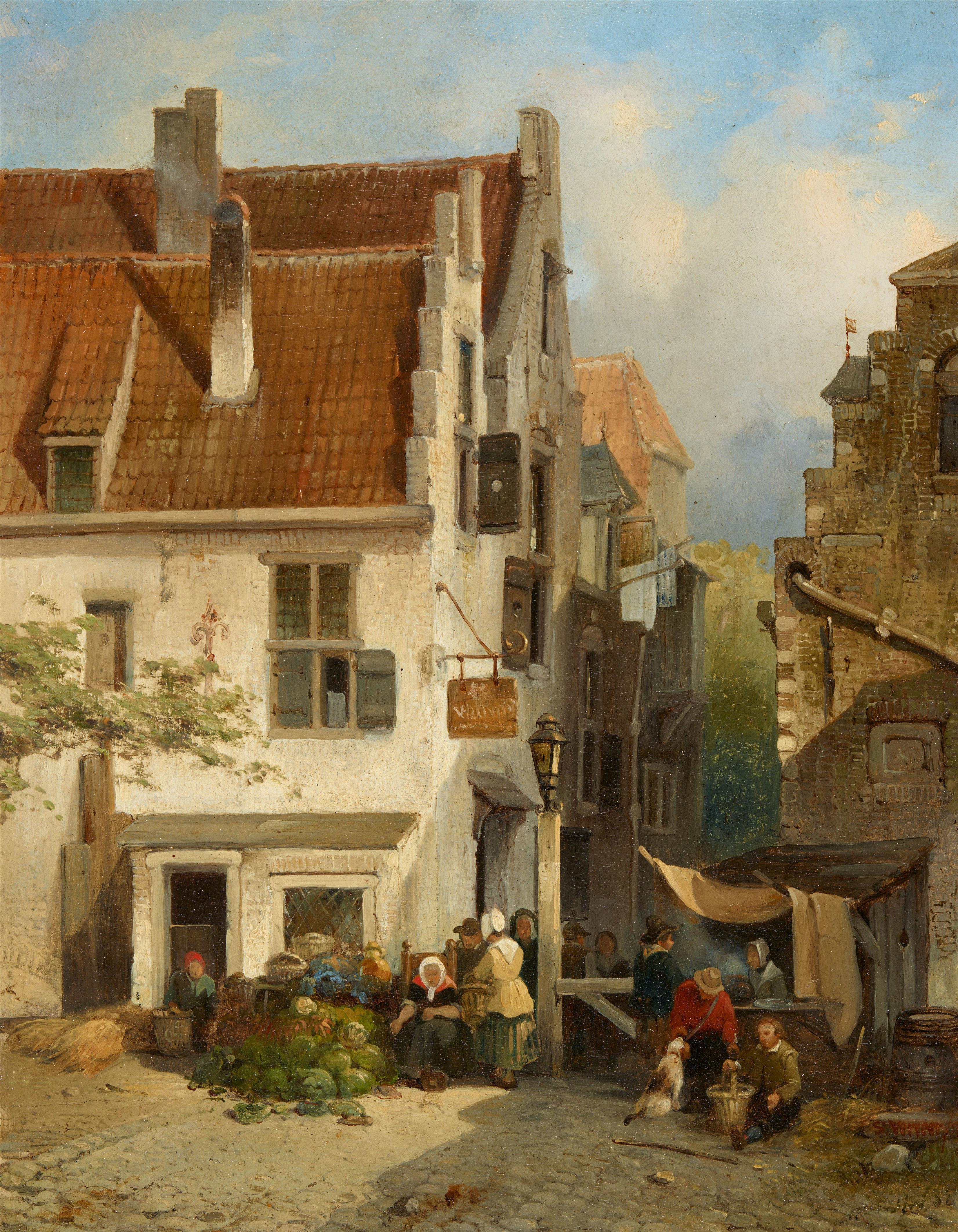 Salomon Leonardus Verveer - View of a Dutch Town with Market Stalls - image-1