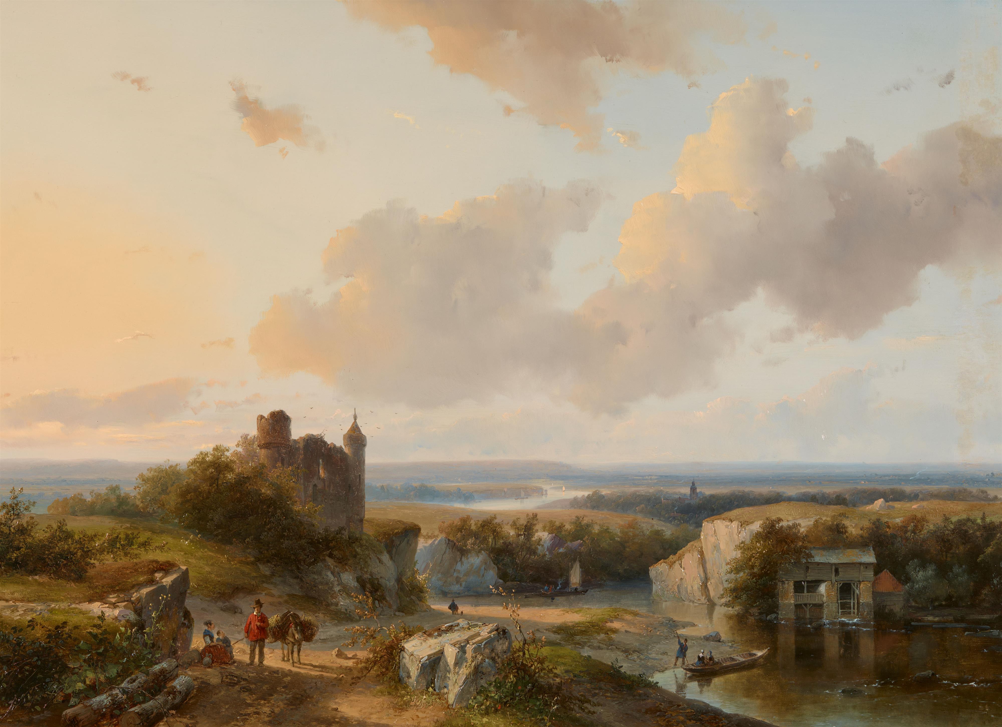 Andreas Schelfhout - Sommer-Panorama: Blick von einer Anhöhe mit Burg in ein weites, sommerliches Flußtal - image-1