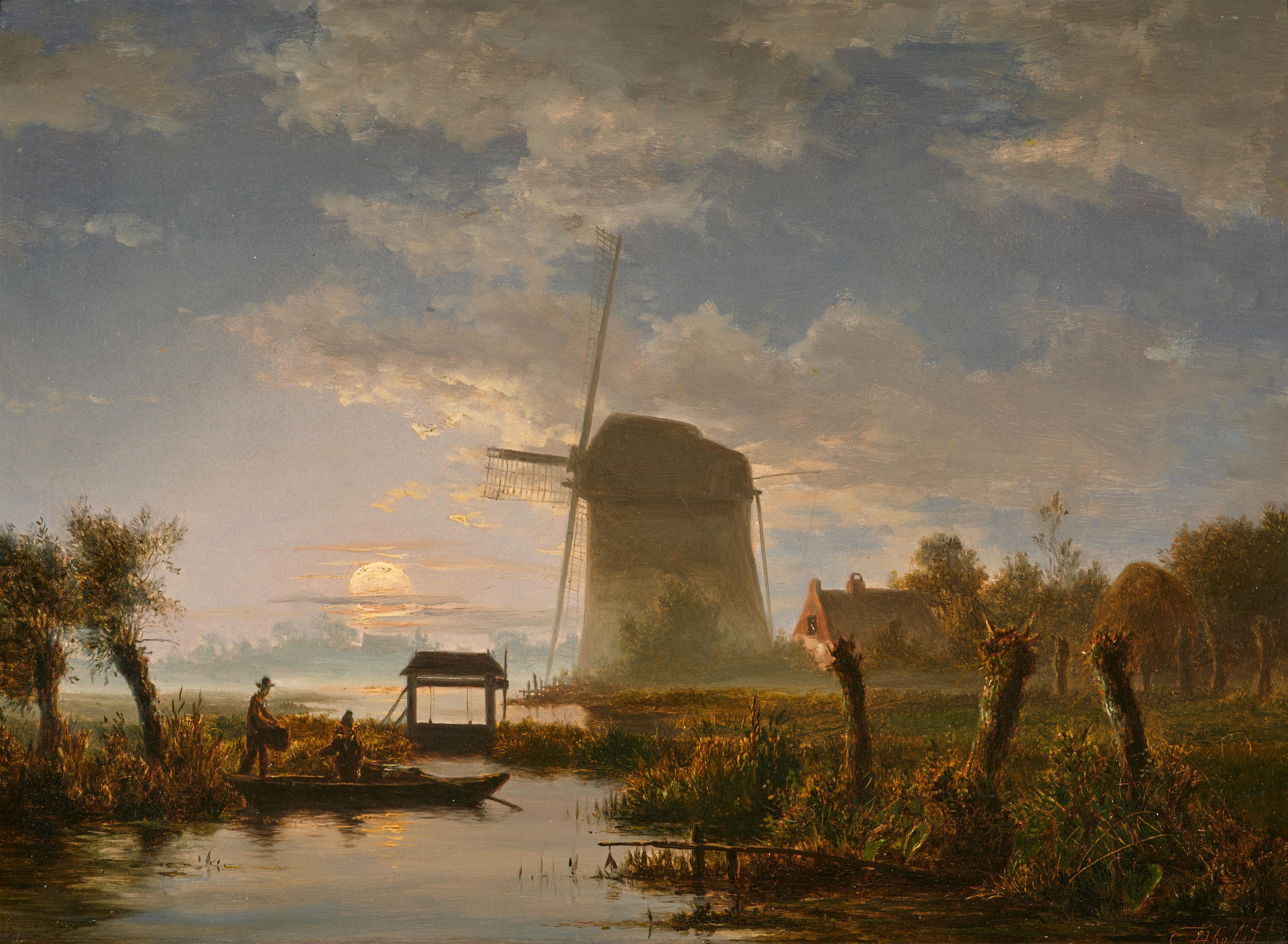 Jacobus Theodorus Abels - Mondbeschienene Flusslandschaft mit einer Windmühle und einer Schleuse - image-1