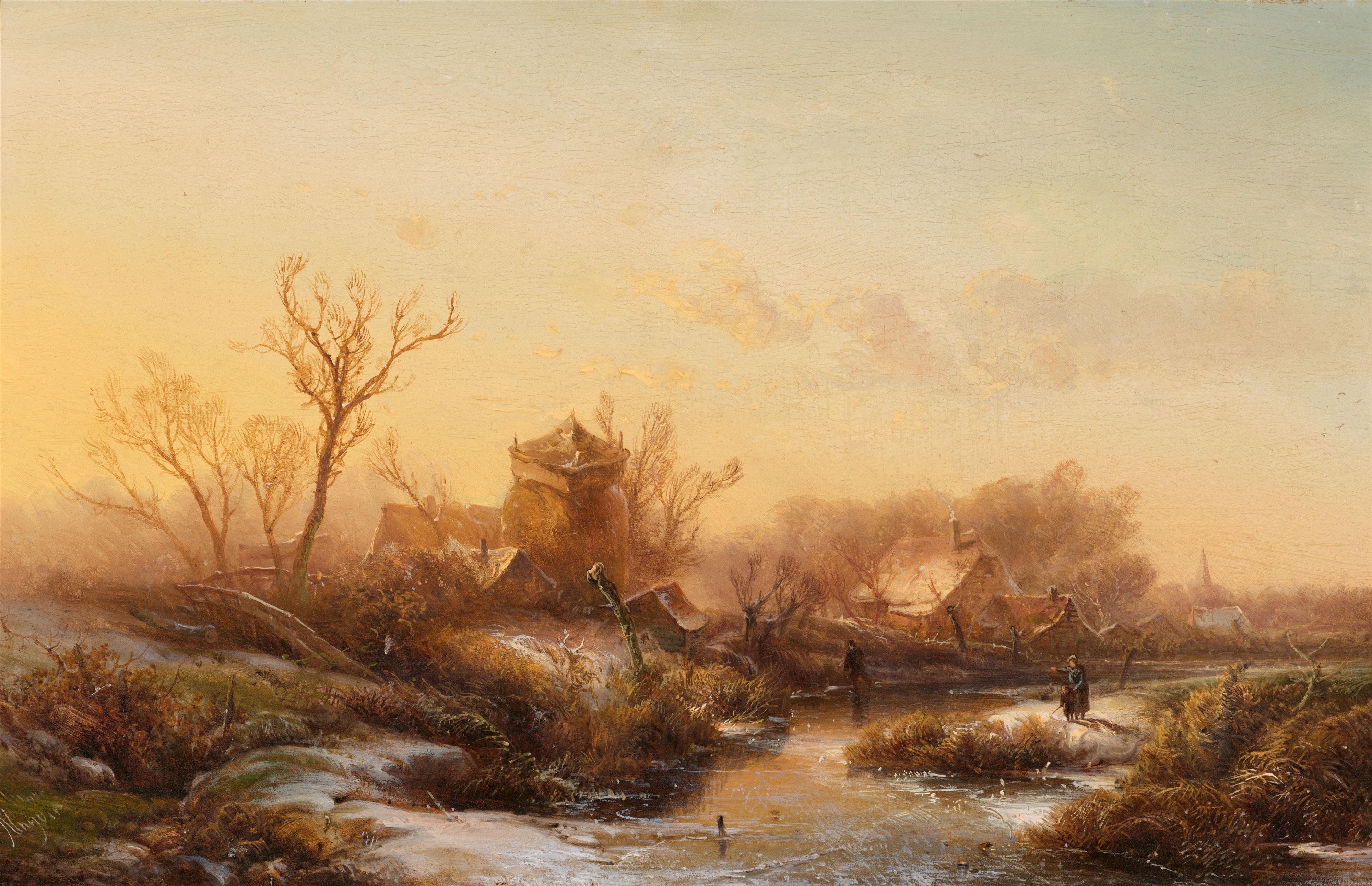 Pieter Lodewijk Kluyver - Winter Landscape with Cottages by a Frozen Canal - image-1