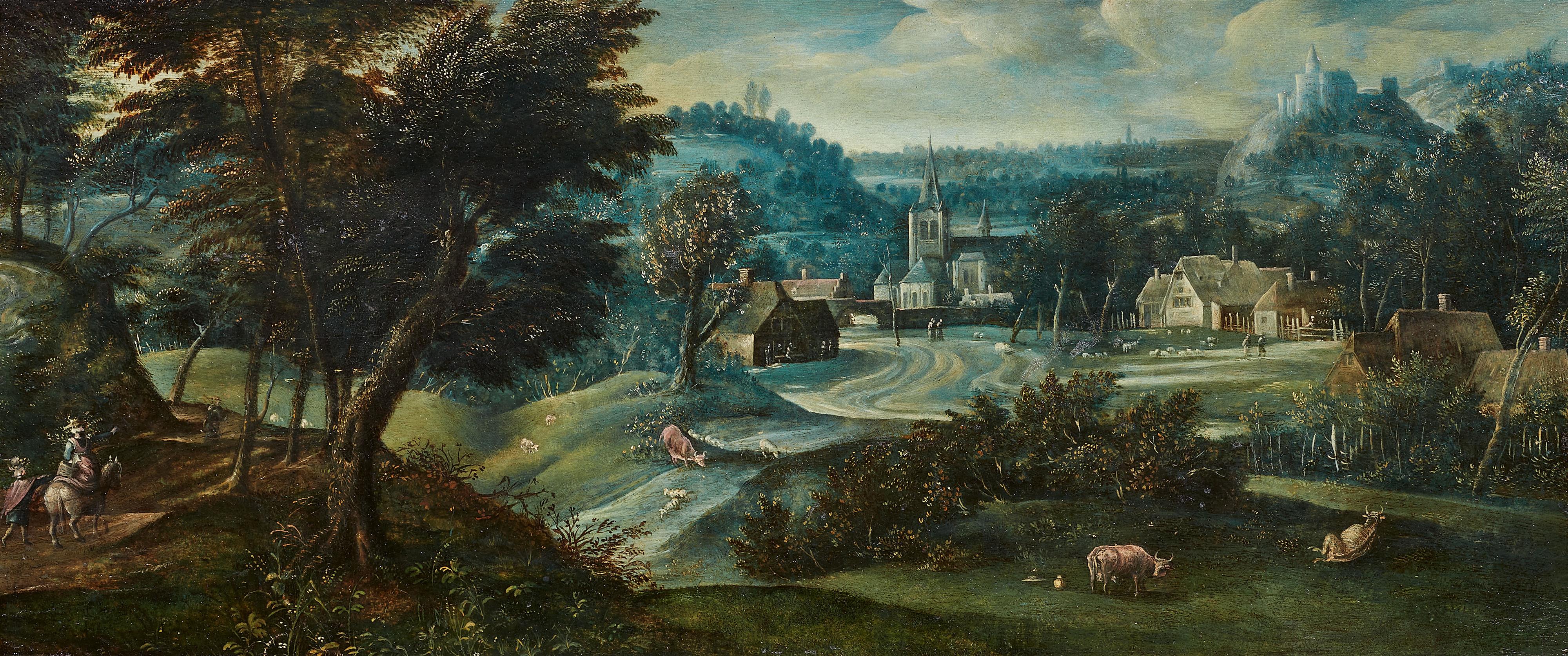 Cornelis Massys, circle of - Landscape with a village and castle in the distance - image-1