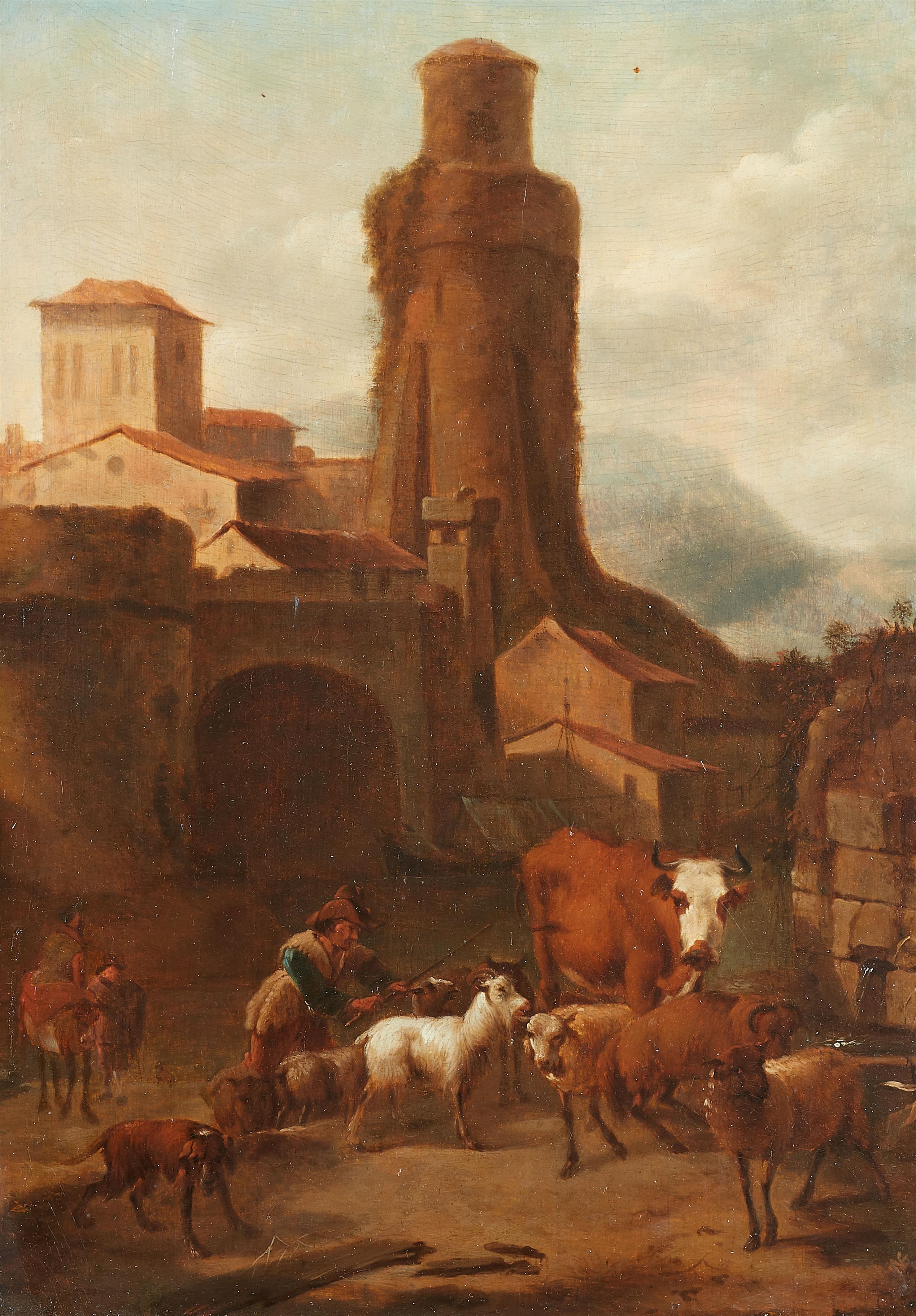 Nicolaes Berchem, zugeschrieben - Landschaft mit Hirten vor einer Stadt - image-1